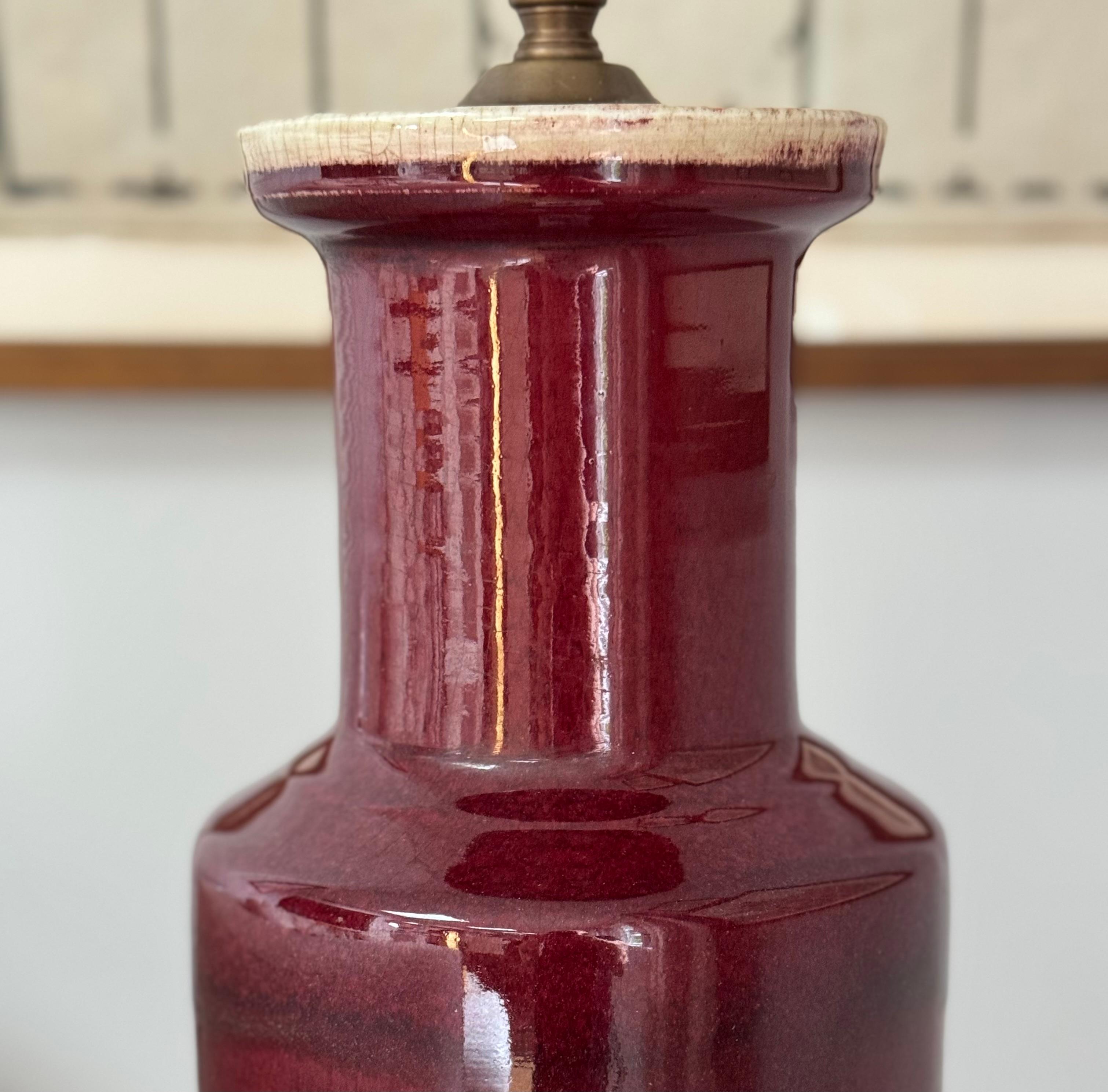 Chinoiserie Pair of Chinese Oxblood Rouleau Lamps For Sale