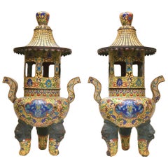 Pair of Chinese Pagoda Form Cloisonne Enamel Metal Censers