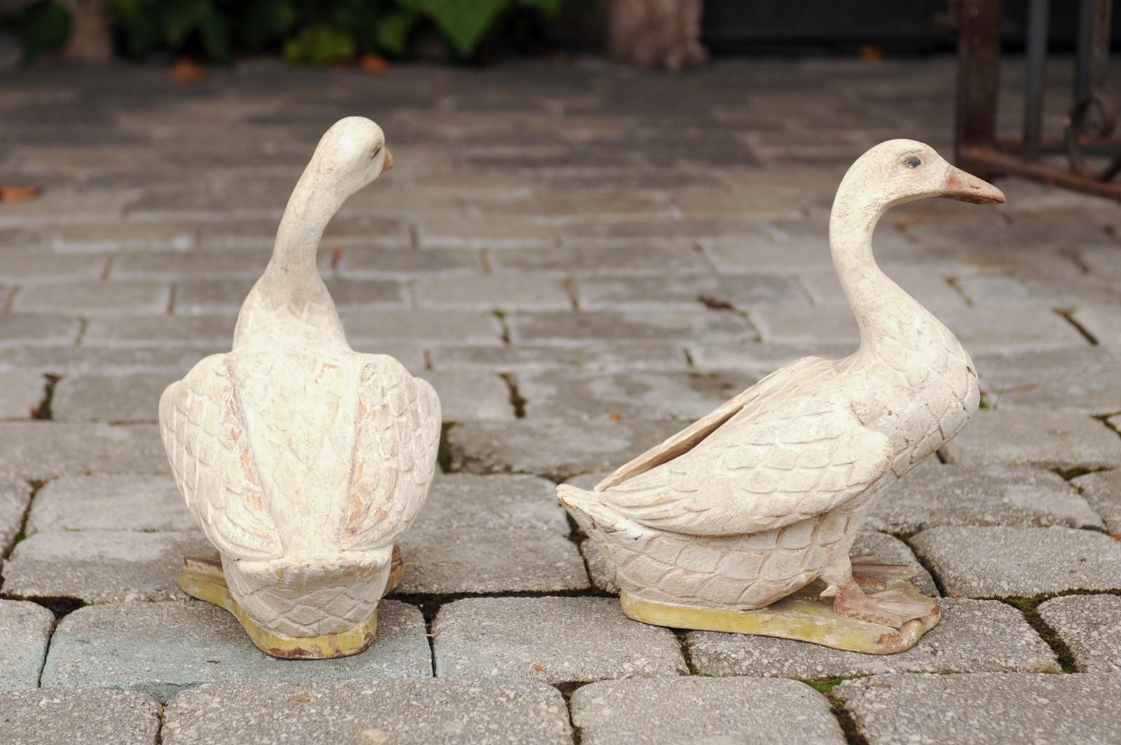 Pair of American Early 20th Century Painted and Carved Wooden Duck Sculptures 1