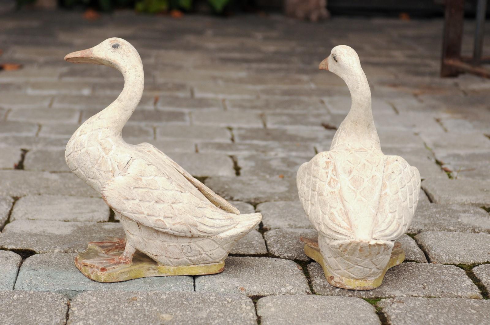 Pair of American Early 20th Century Painted and Carved Wooden Duck Sculptures 2