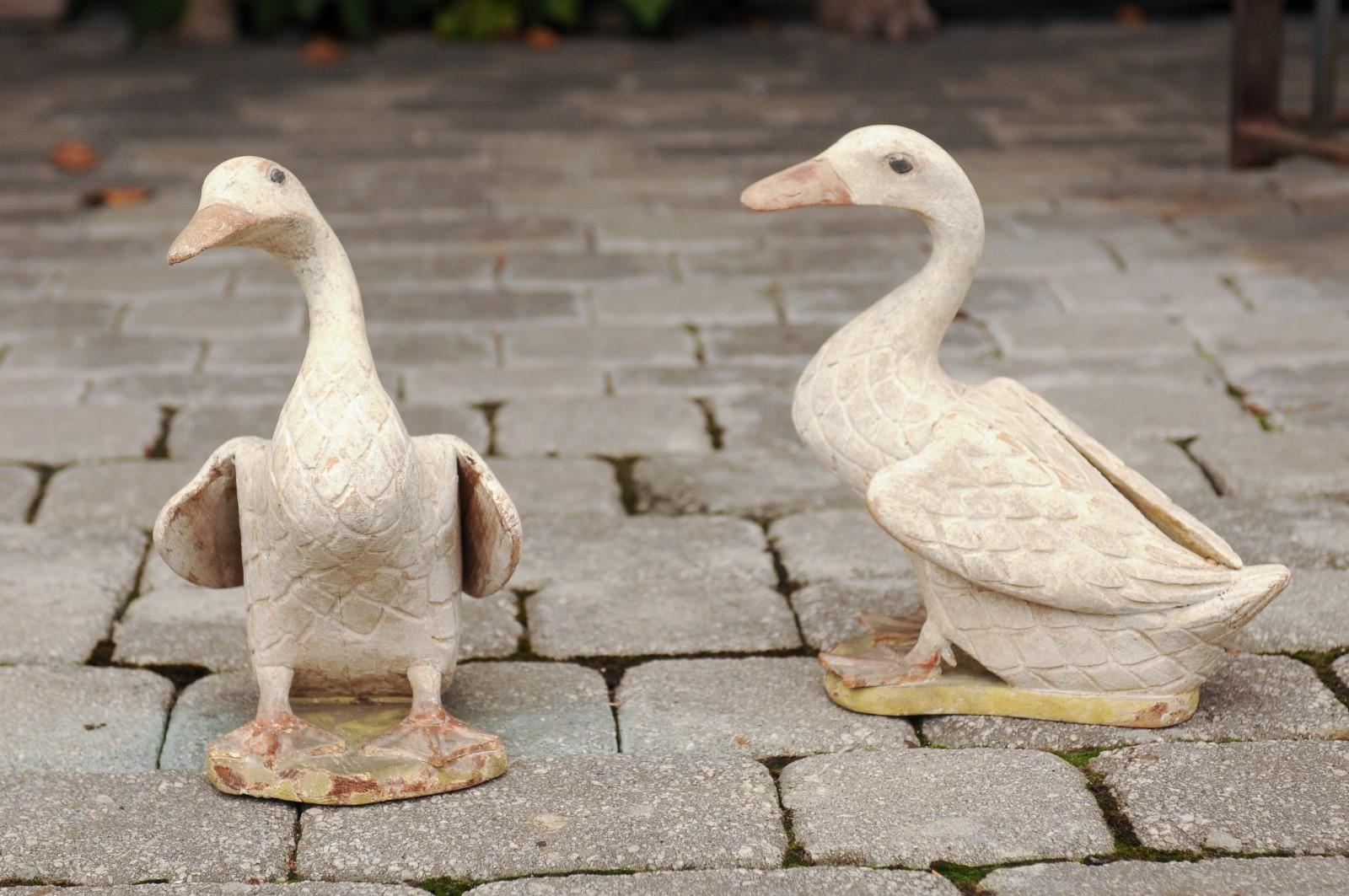 Pair of American Early 20th Century Painted and Carved Wooden Duck Sculptures 3