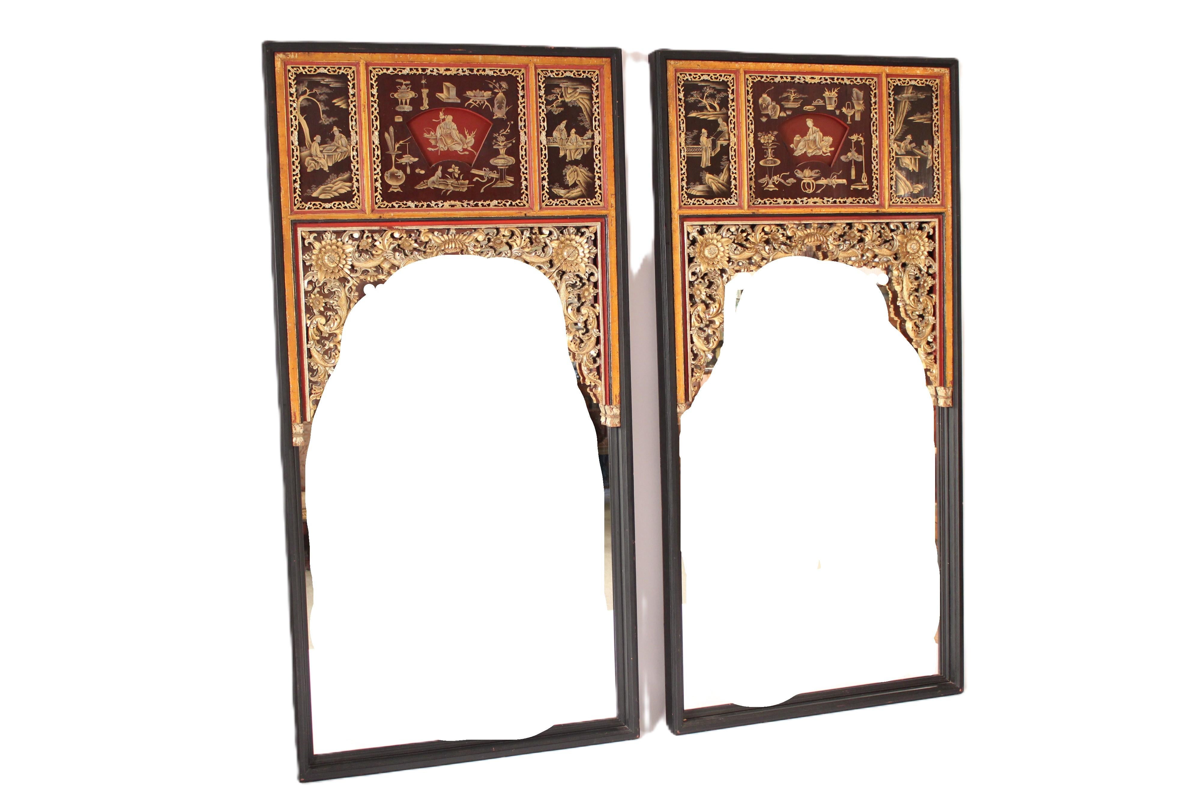 Pareja de Espejos Chinos Pintados y Dorados Decorados Chinoiserie en venta