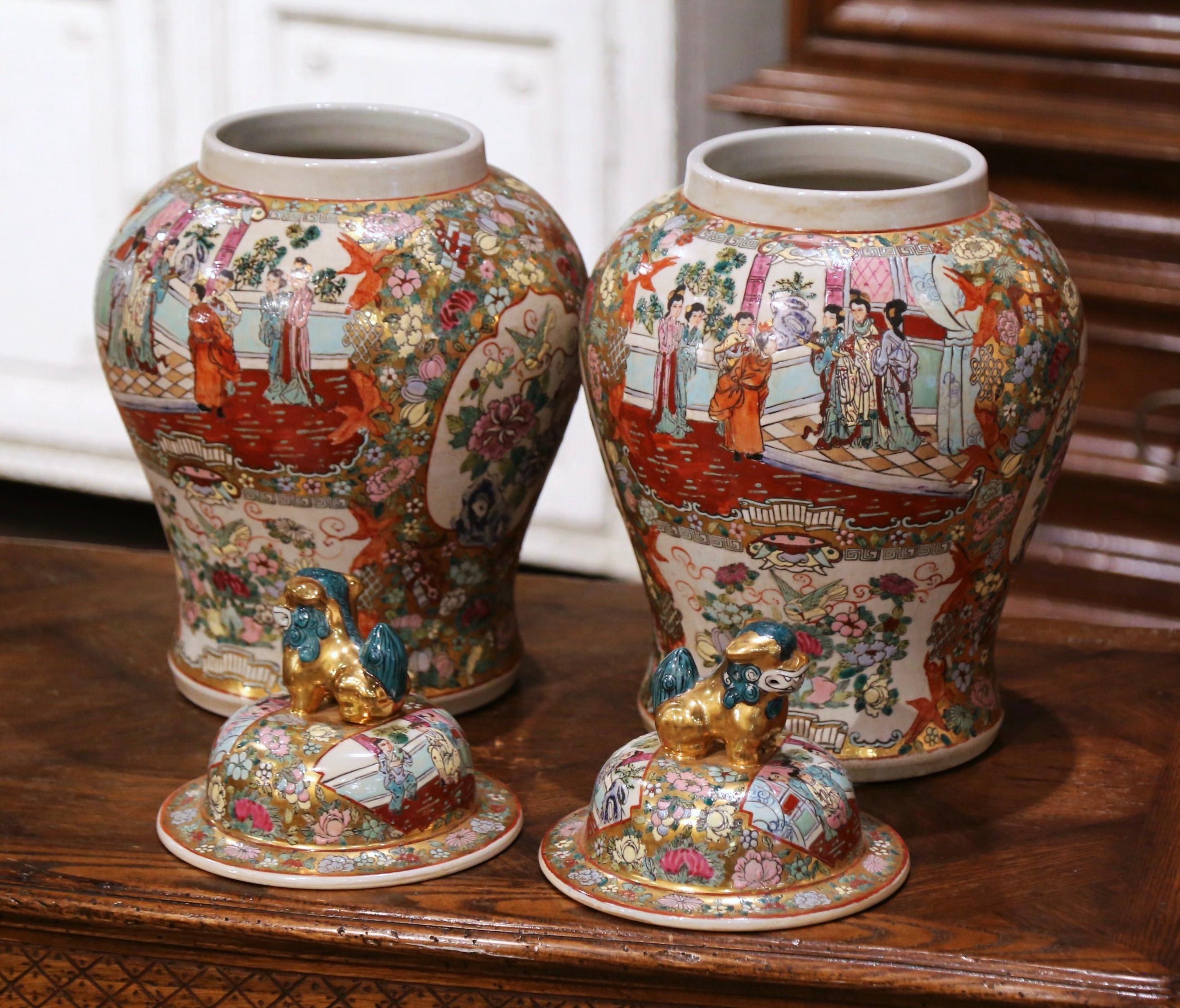 Pair of Chinese Painted and Gilt Famille Rose Porcelain Ginger Jars with Lids 10