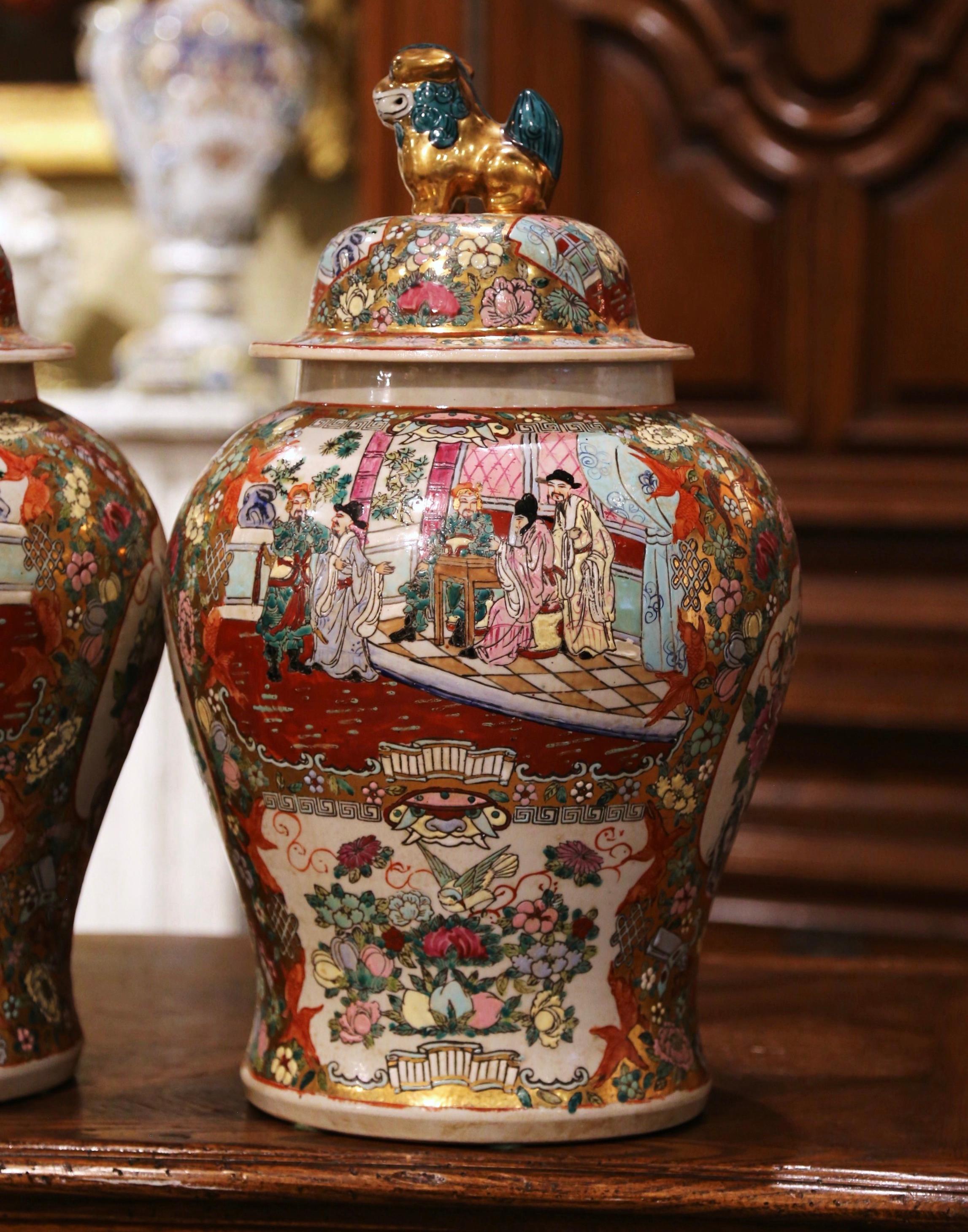 20th Century Pair of Chinese Painted and Gilt Famille Rose Porcelain Ginger Jars with Lids