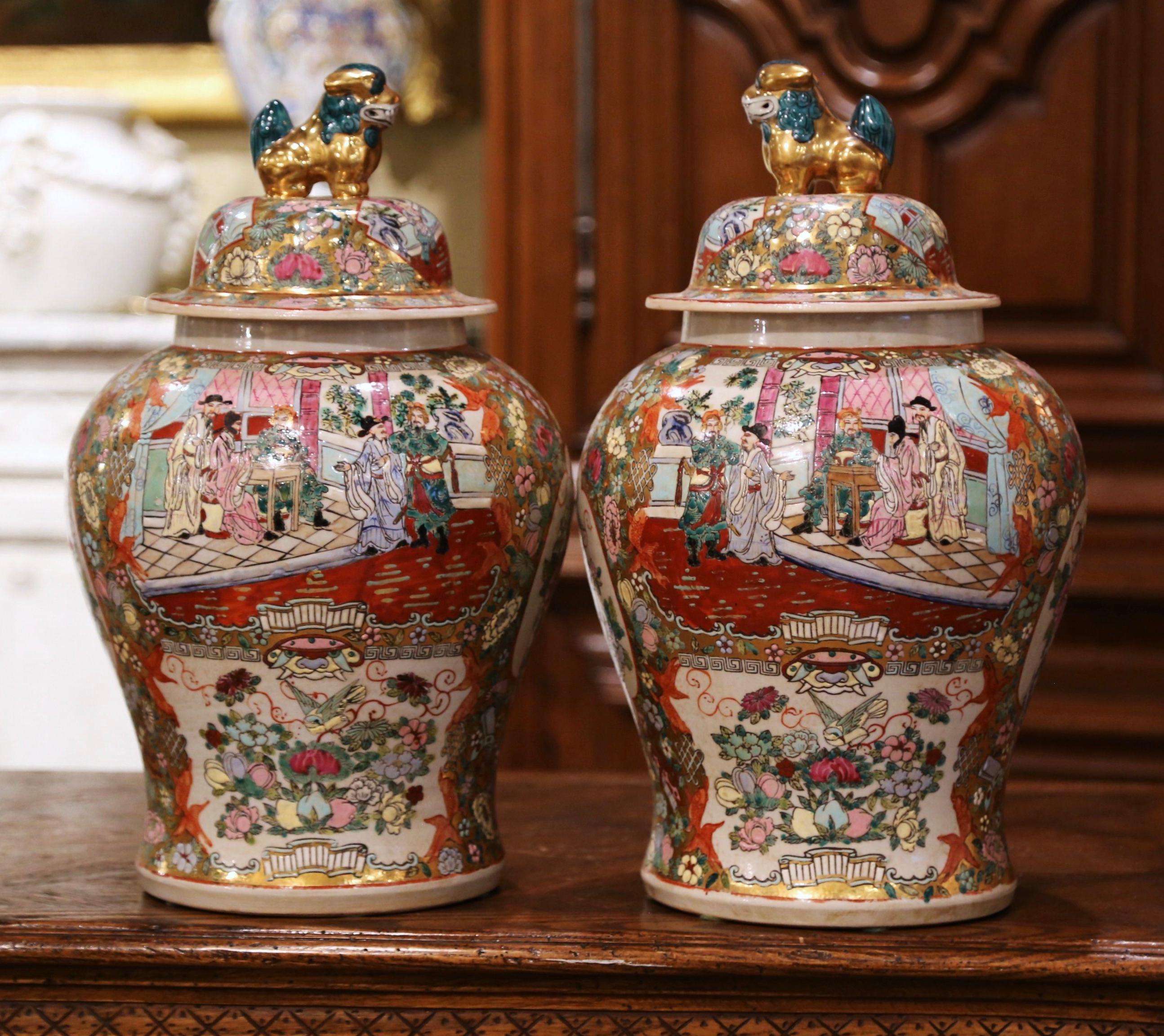 Pair of Chinese Painted and Gilt Famille Rose Porcelain Ginger Jars with Lids 1