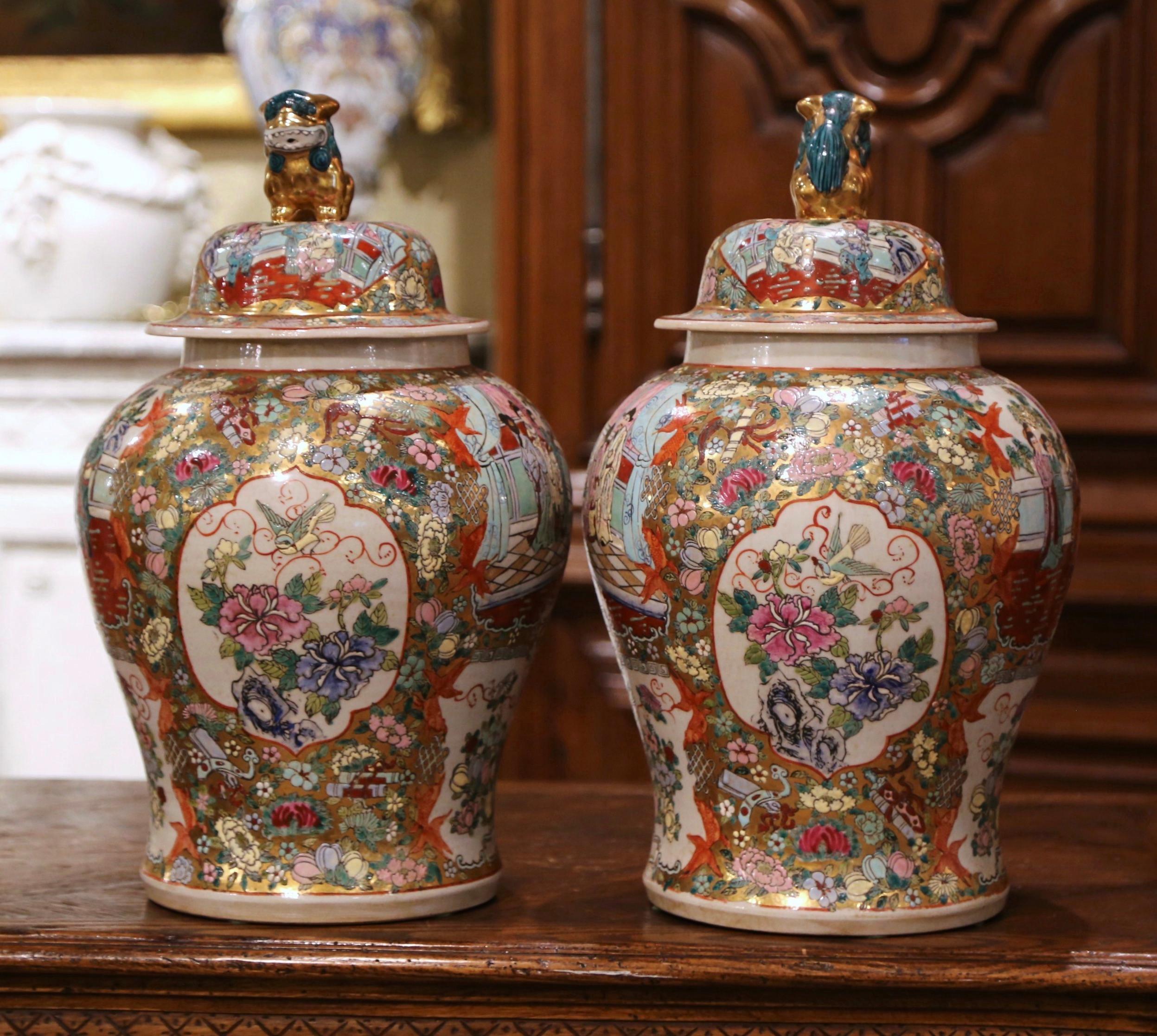 Pair of Chinese Painted and Gilt Famille Rose Porcelain Ginger Jars with Lids 2