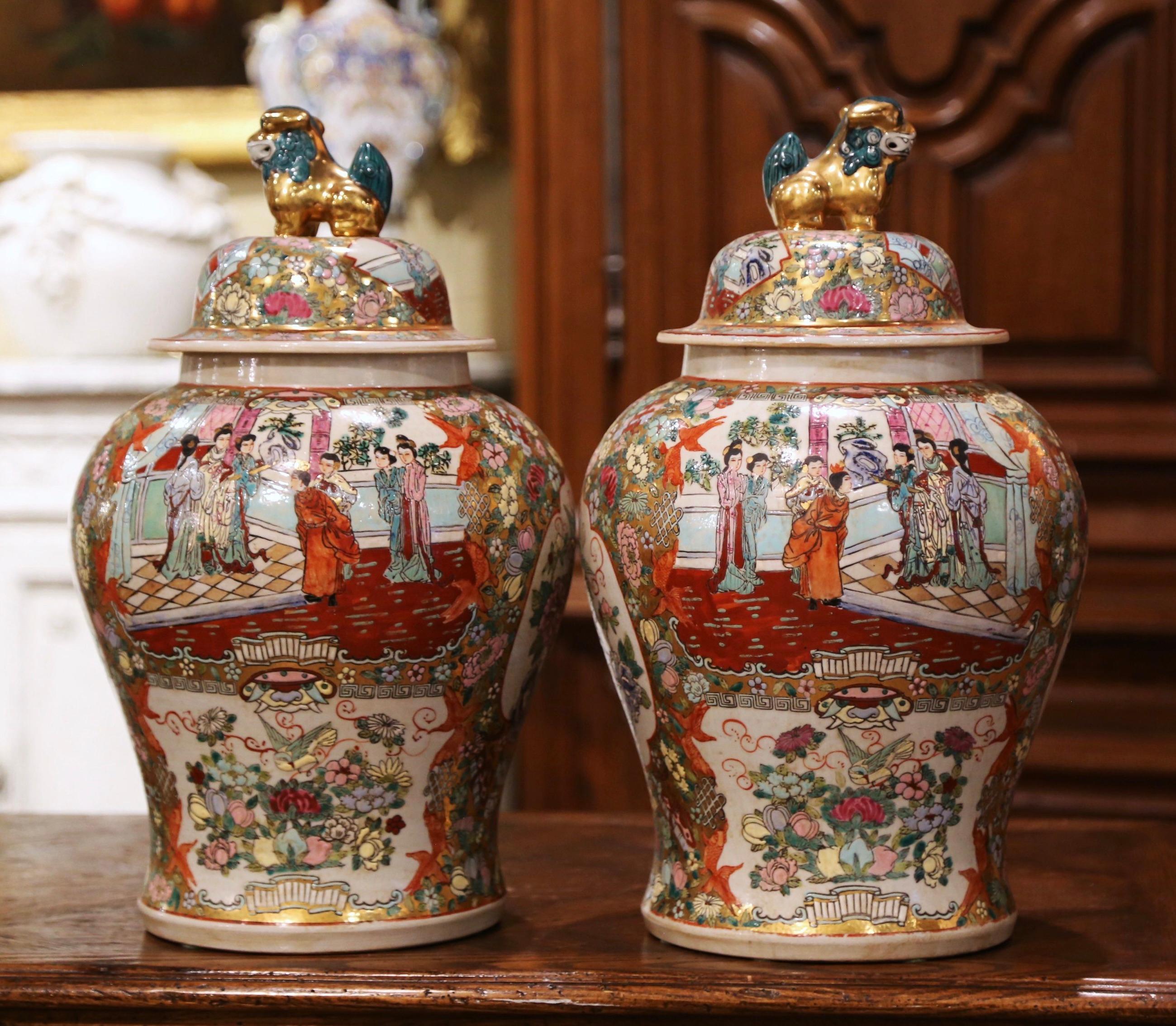 Pair of Chinese Painted and Gilt Famille Rose Porcelain Ginger Jars with Lids 5
