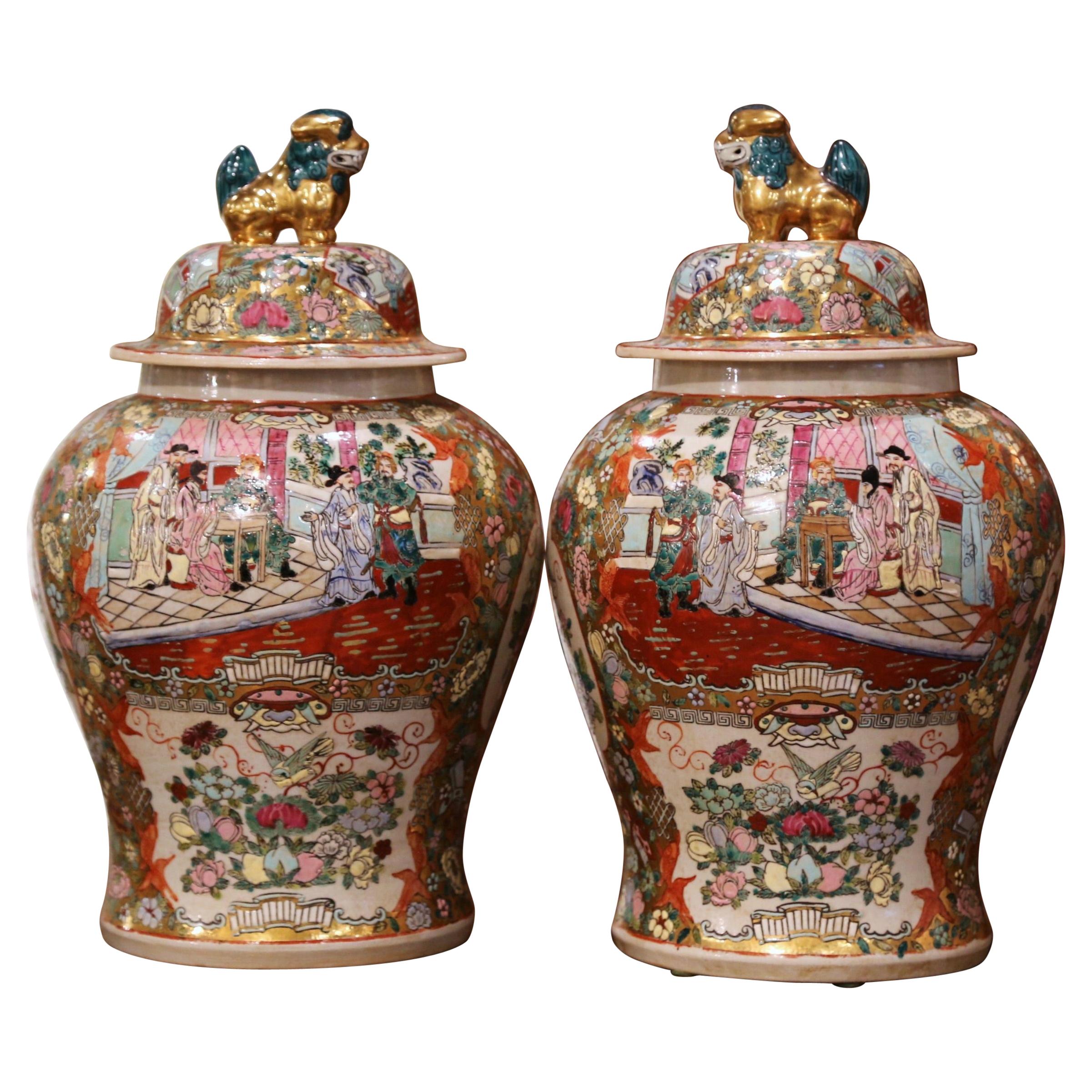 Pair of Chinese Painted and Gilt Famille Rose Porcelain Ginger Jars with Lids