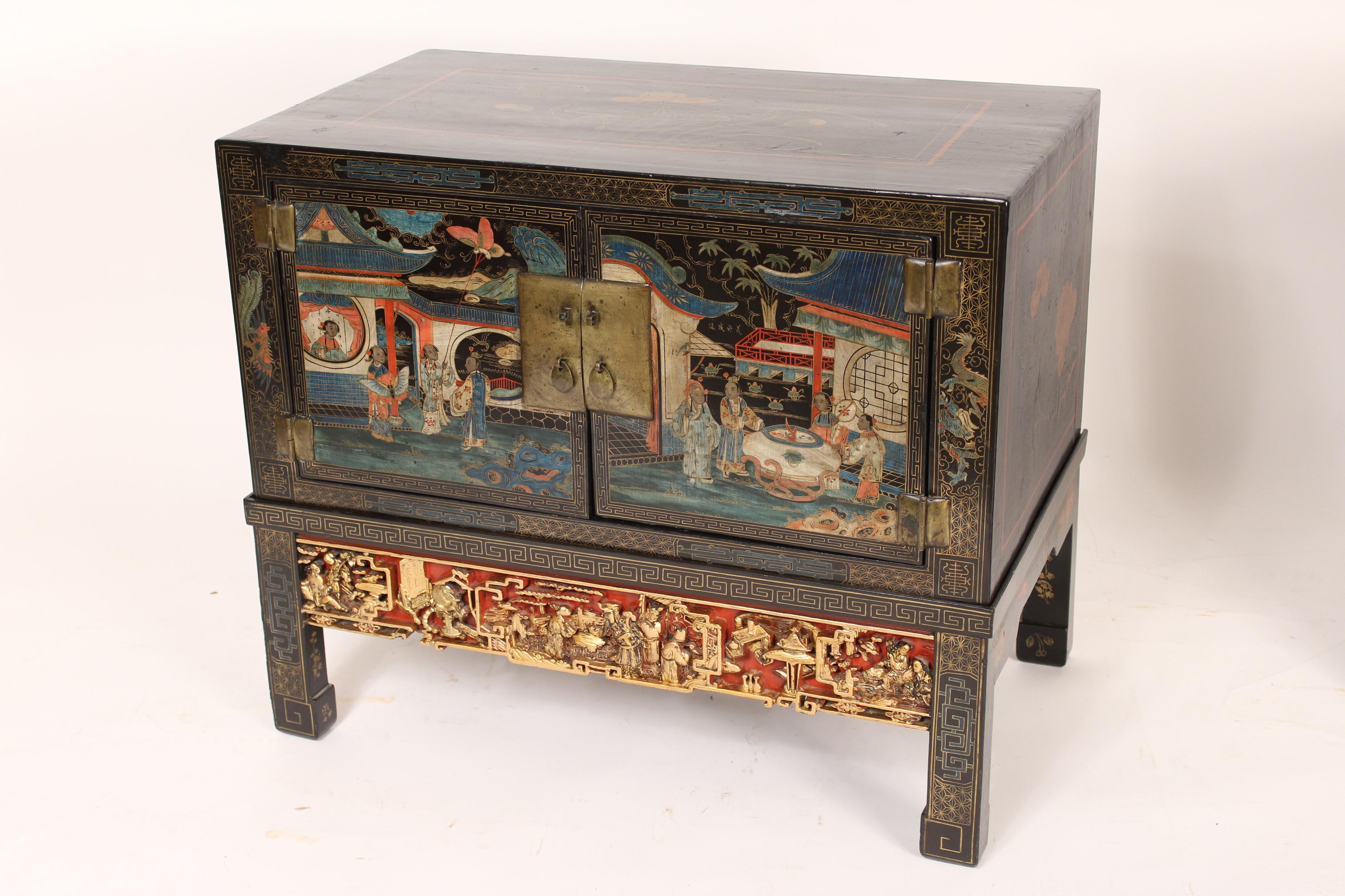 Chinoiserie Pair of Chinese Painted Cabinets on Stands