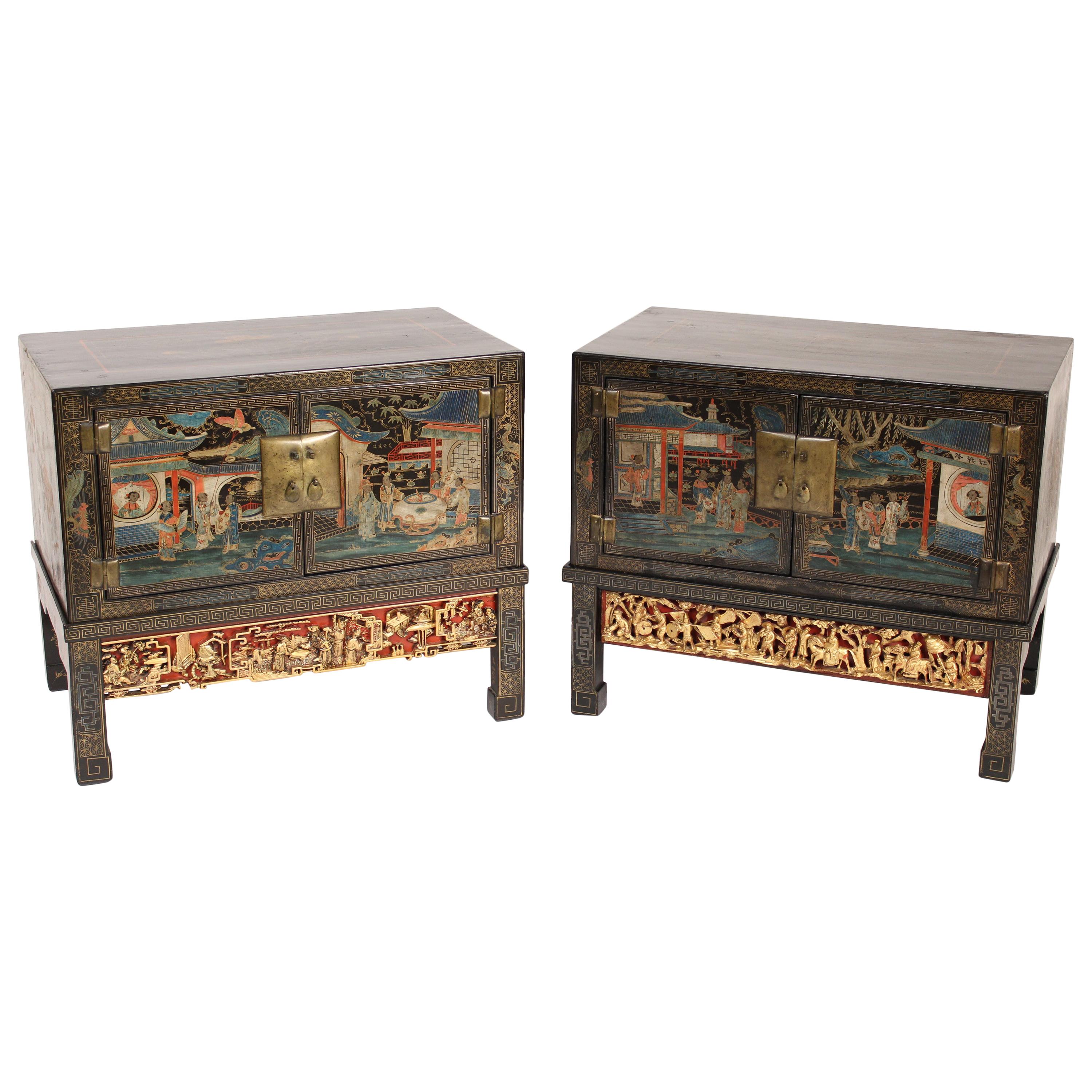 Pair of Chinese Painted Cabinets on Stands