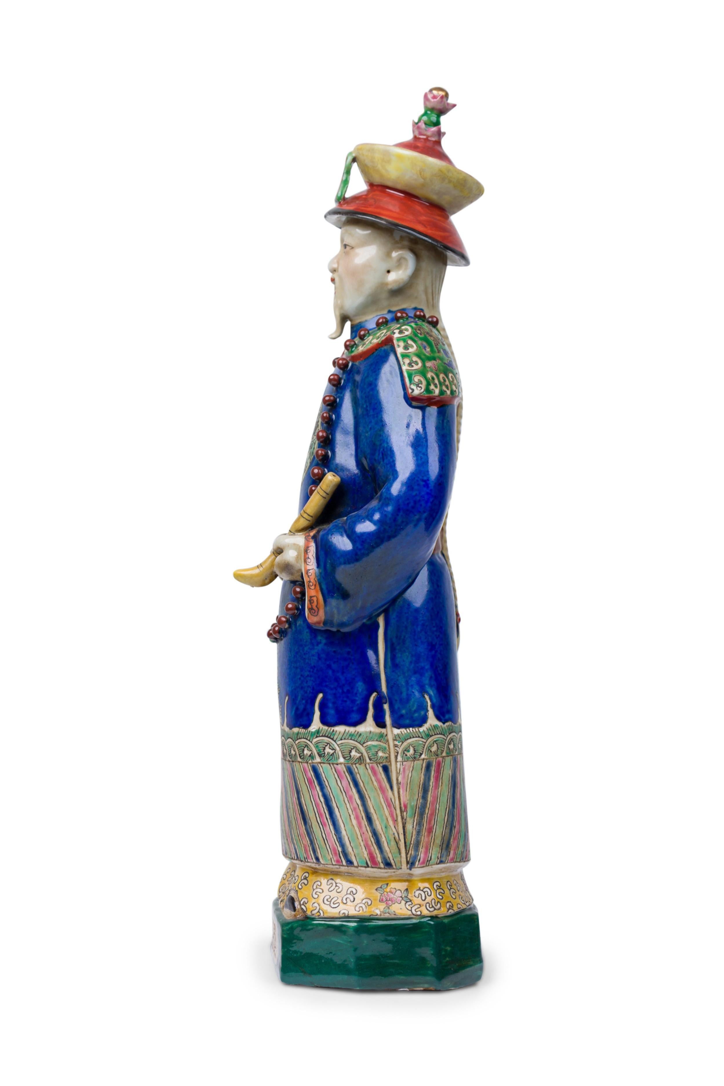 Pair of Chinese Painted Ceramic Figures Depicting a Blue Robed Emperor For Sale 7