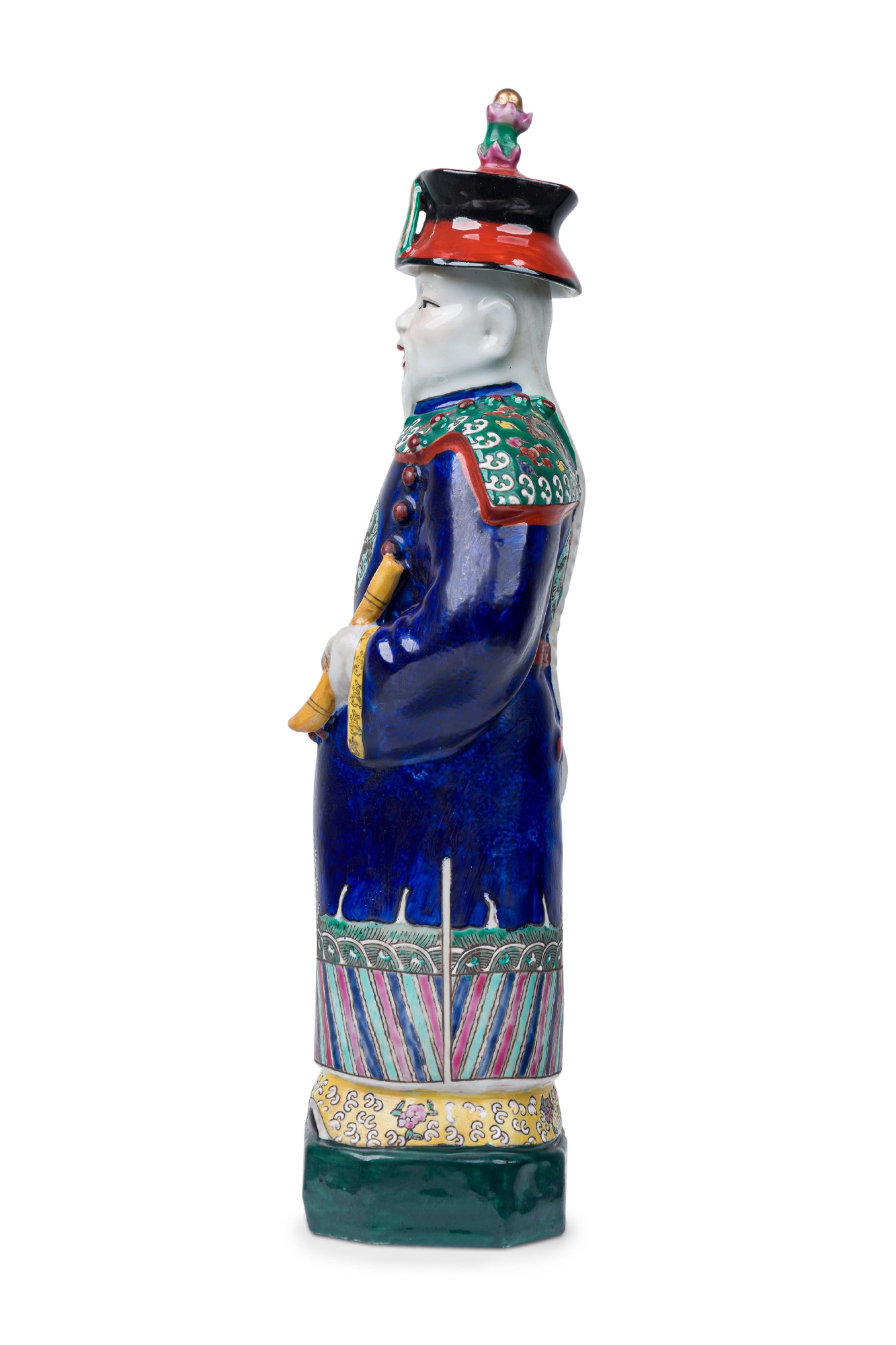 Pair of Chinese Painted Ceramic Figures Depicting a Blue Robed Emperor For Sale 8
