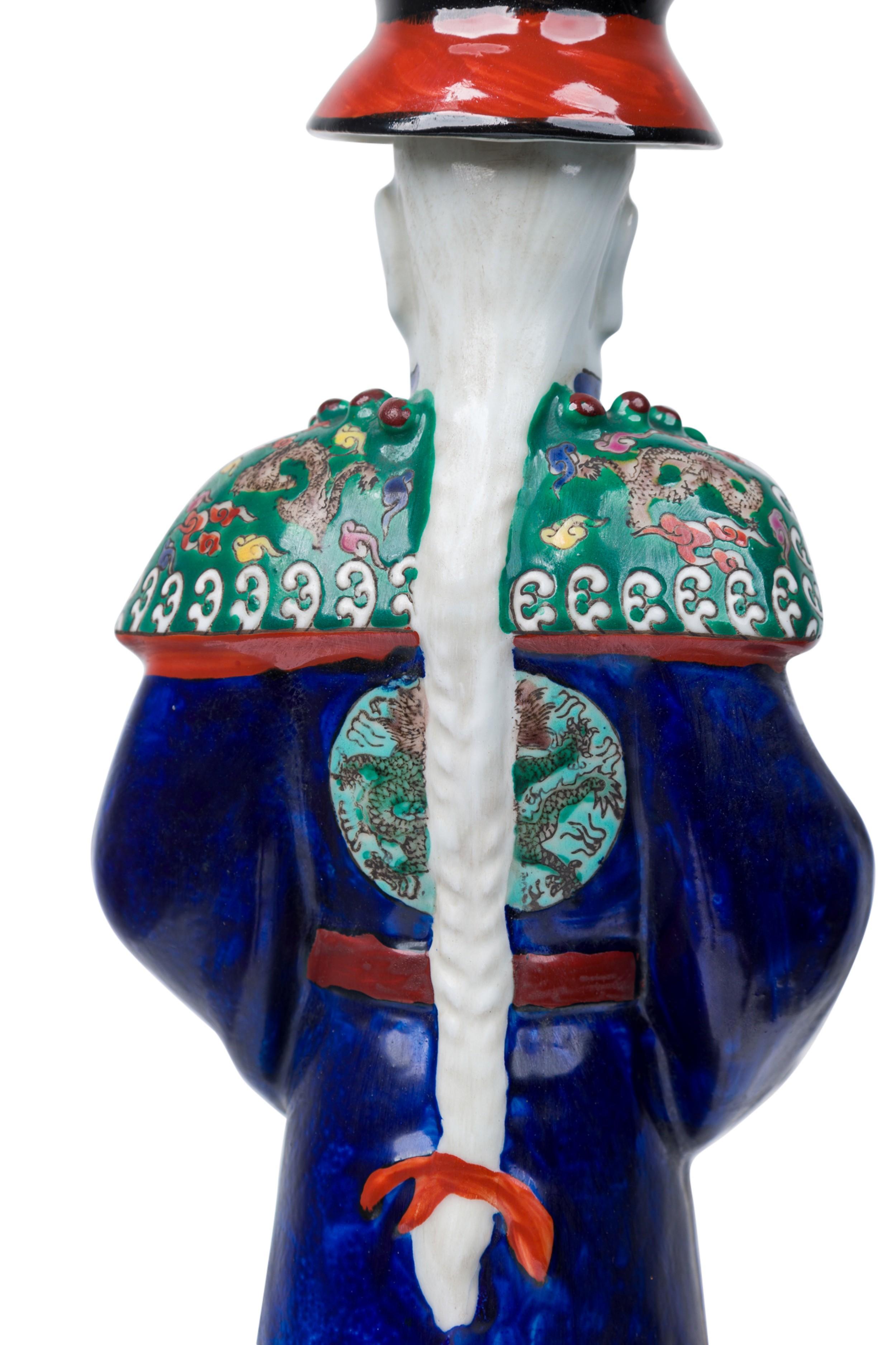 Pair of Chinese Painted Ceramic Figures Depicting a Blue Robed Emperor For Sale 9