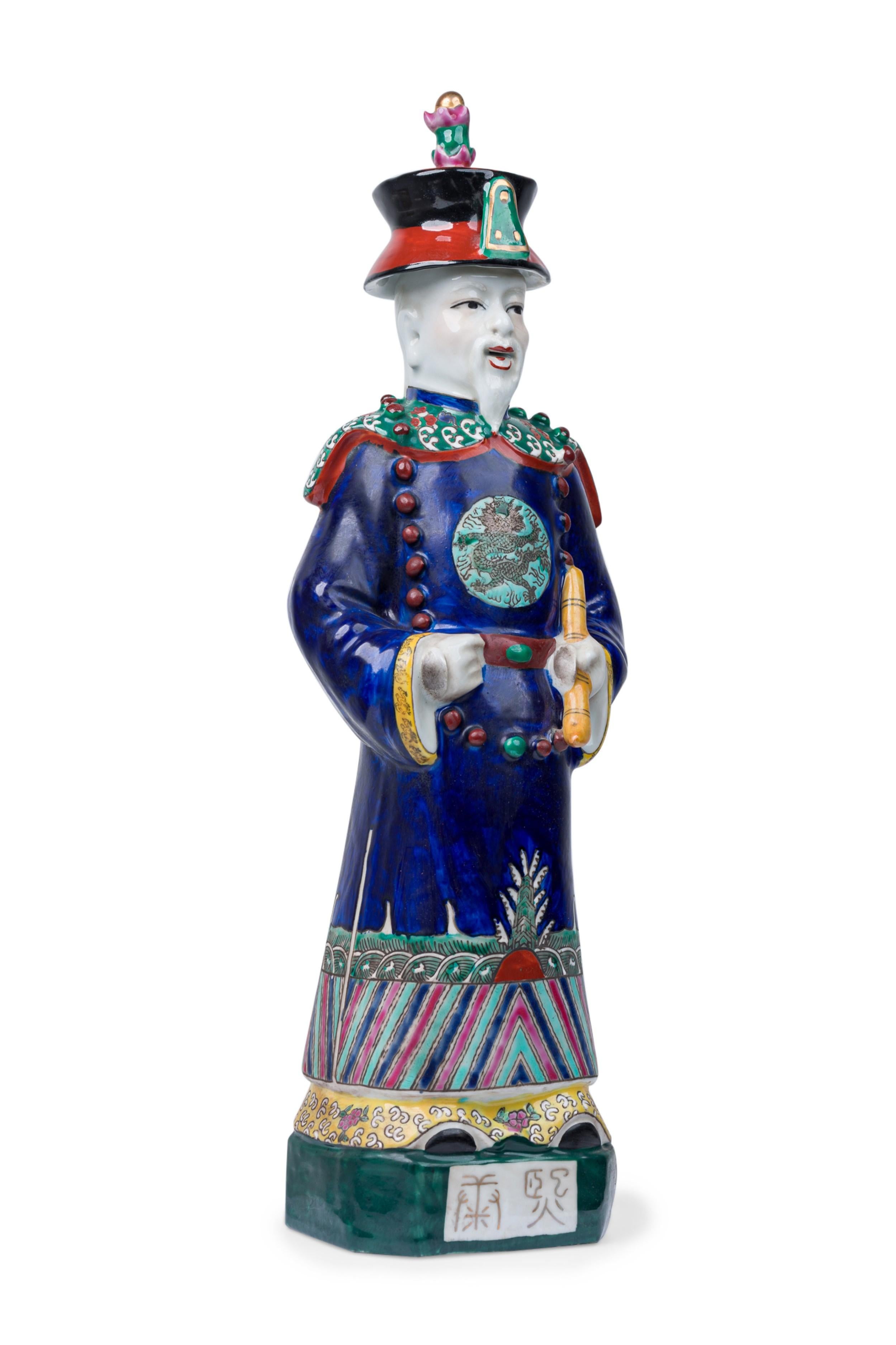 Pair of Chinese Painted Ceramic Figures Depicting a Blue Robed Emperor For Sale 10