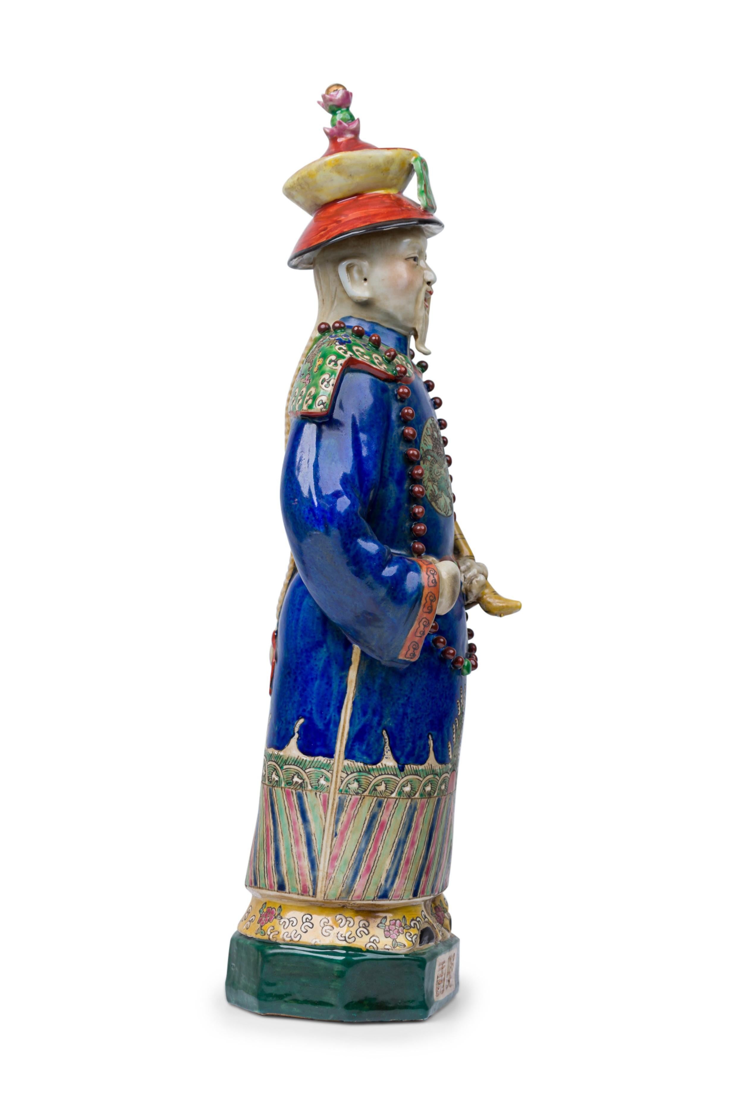 Pair of Chinese Painted Ceramic Figures Depicting a Blue Robed Emperor For Sale 11