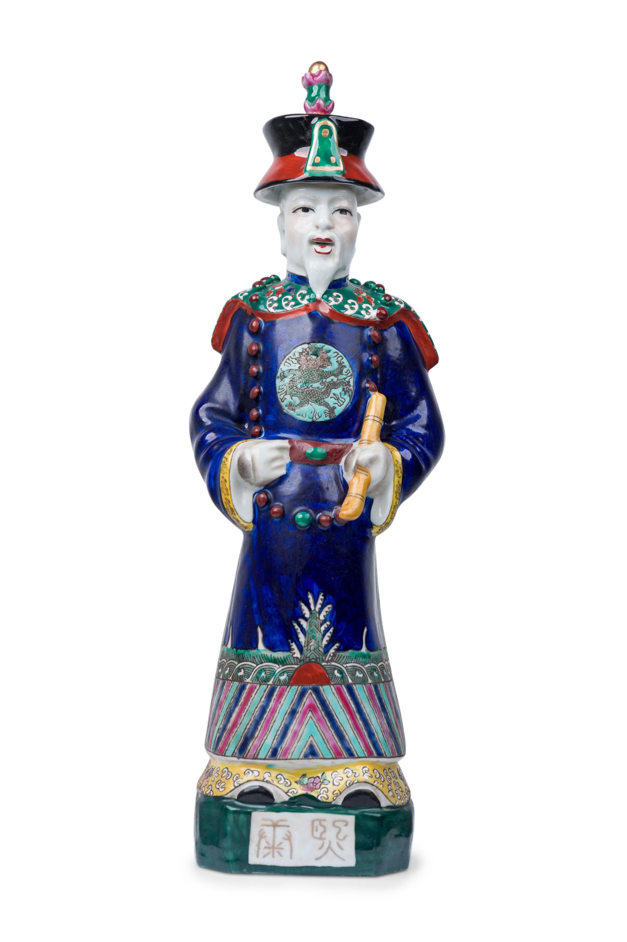 Pair of Chinese Painted Ceramic Figures Depicting a Blue Robed Emperor For Sale 14