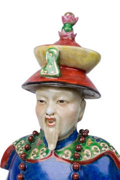 Pair of Chinese Painted Ceramic Figures Depicting a Blue Robed Emperor