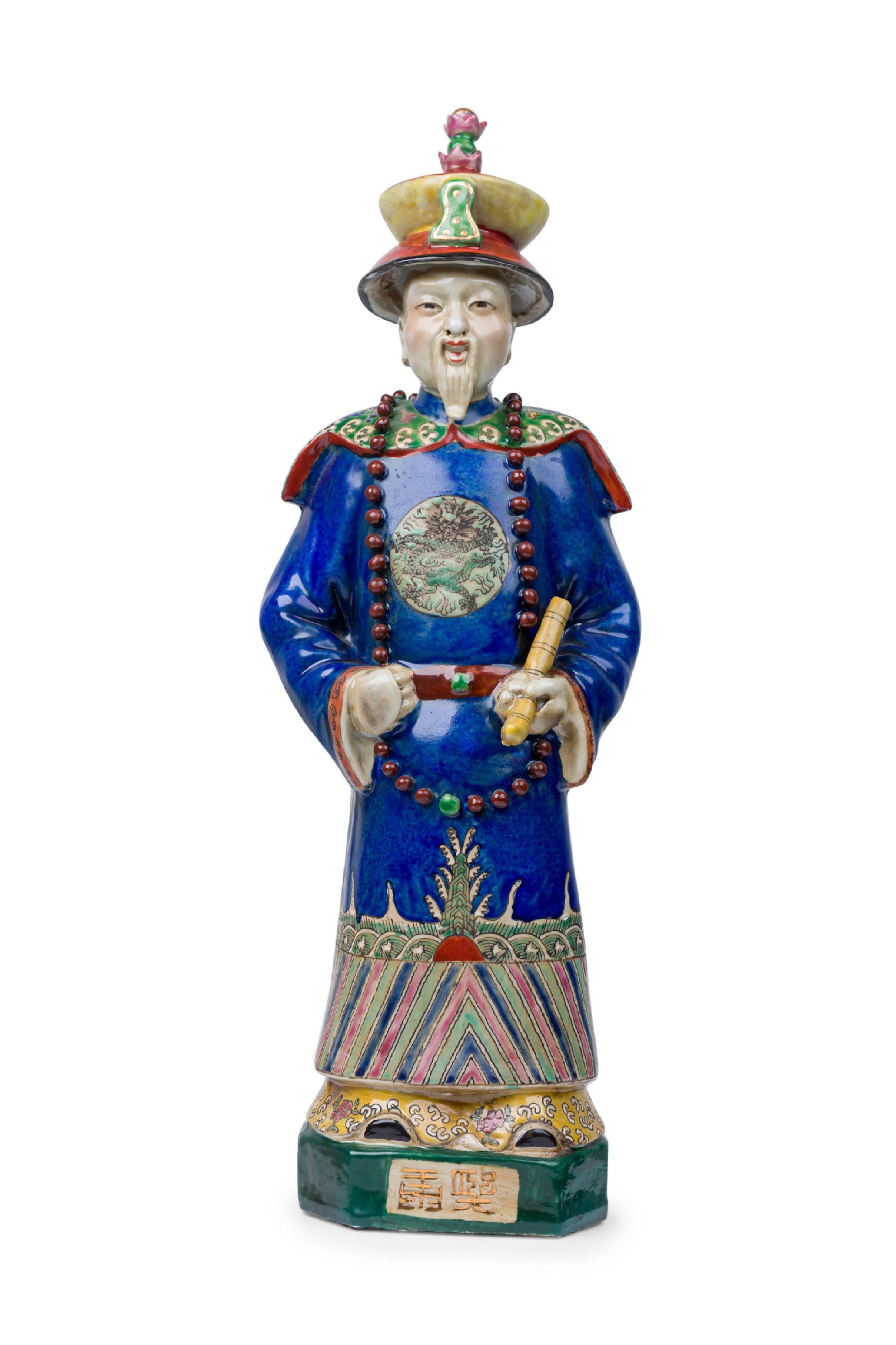 Pair of Chinese Painted Ceramic Figures Depicting a Blue Robed Emperor For Sale 15