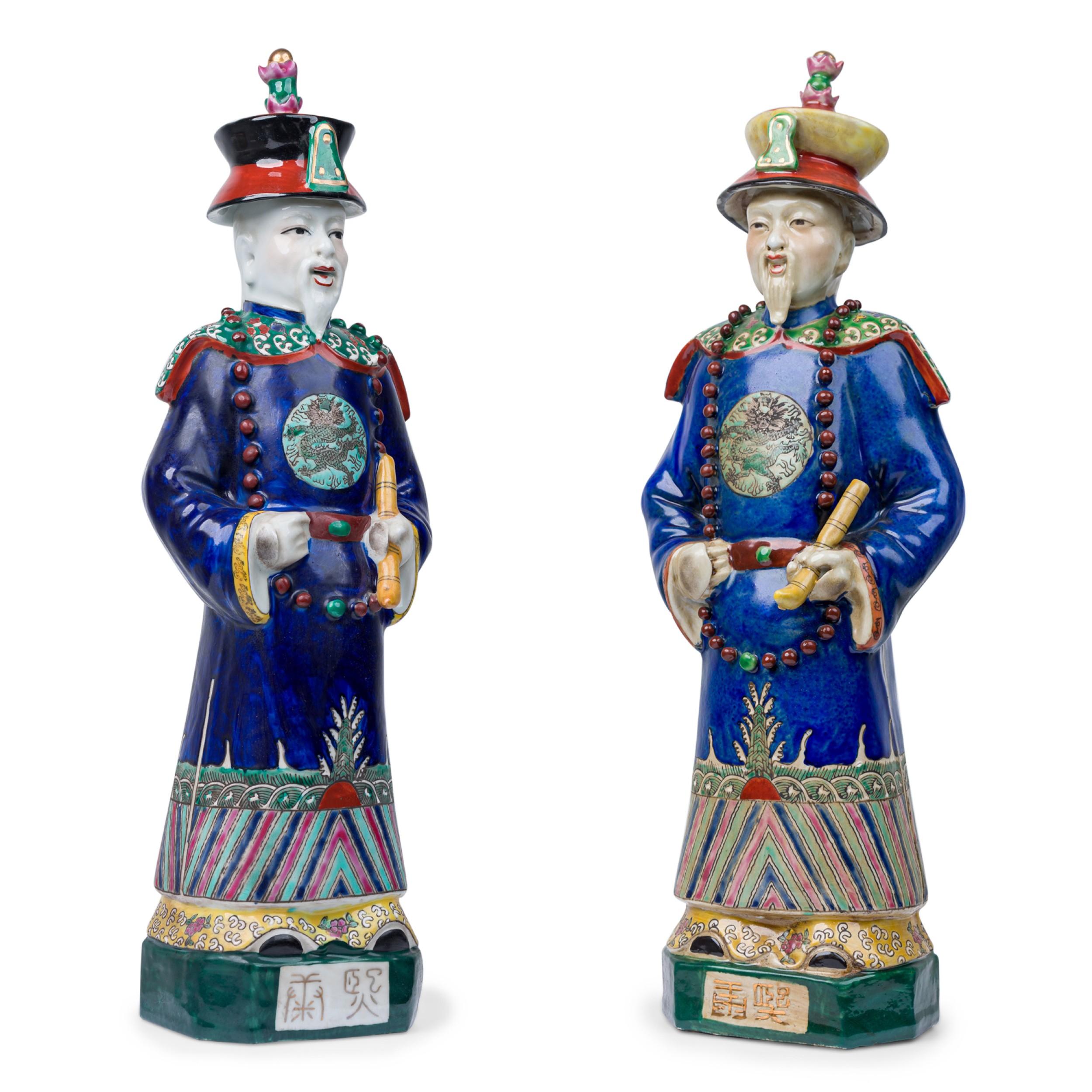 Pair of Chinese Painted Ceramic Figures Depicting a Blue Robed Emperor For Sale 3