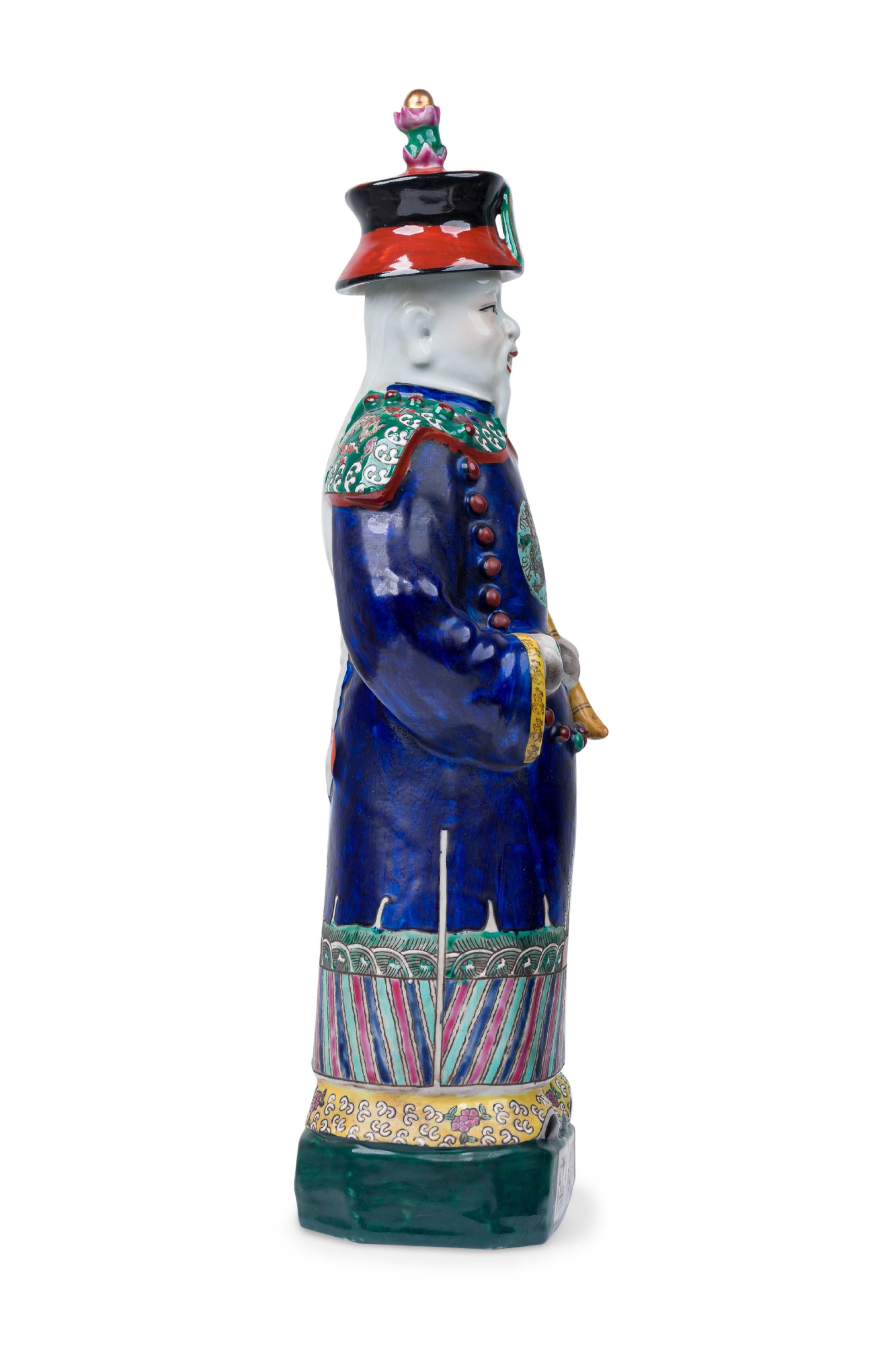 Pair of Chinese Painted Ceramic Figures Depicting a Blue Robed Emperor For Sale 4