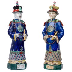 Pair of Chinese Painted Ceramic Figures Depicting a Blue Robed Emperor