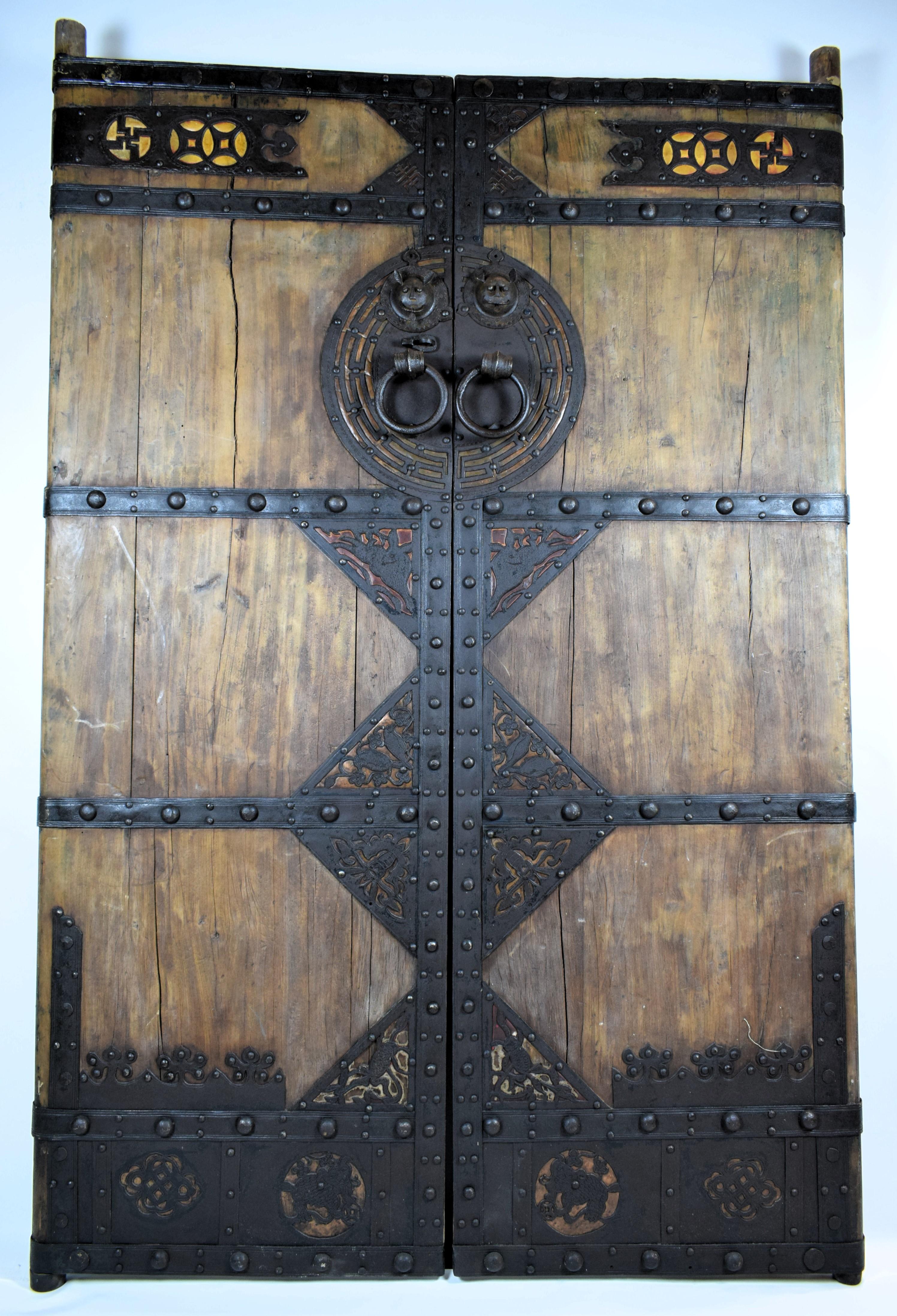Hand-Crafted Pair of Chinese Palace Wooden Iron Bound Courtyard Doors,  Late Qing Period For Sale