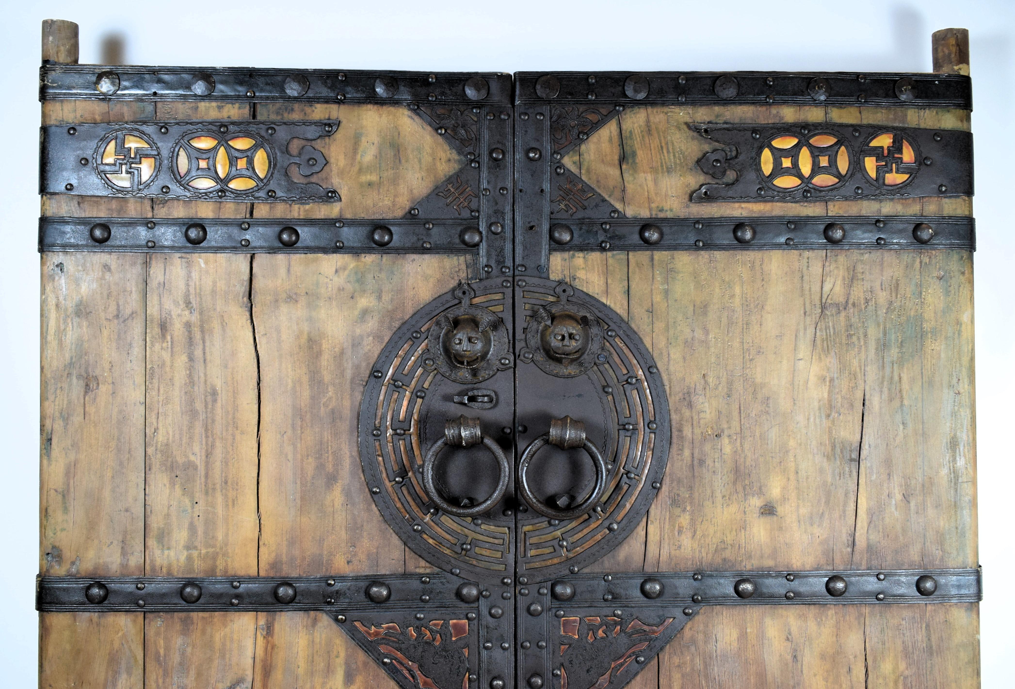 19th Century Pair of Chinese Palace Wooden Iron Bound Courtyard Doors,  Late Qing Period For Sale
