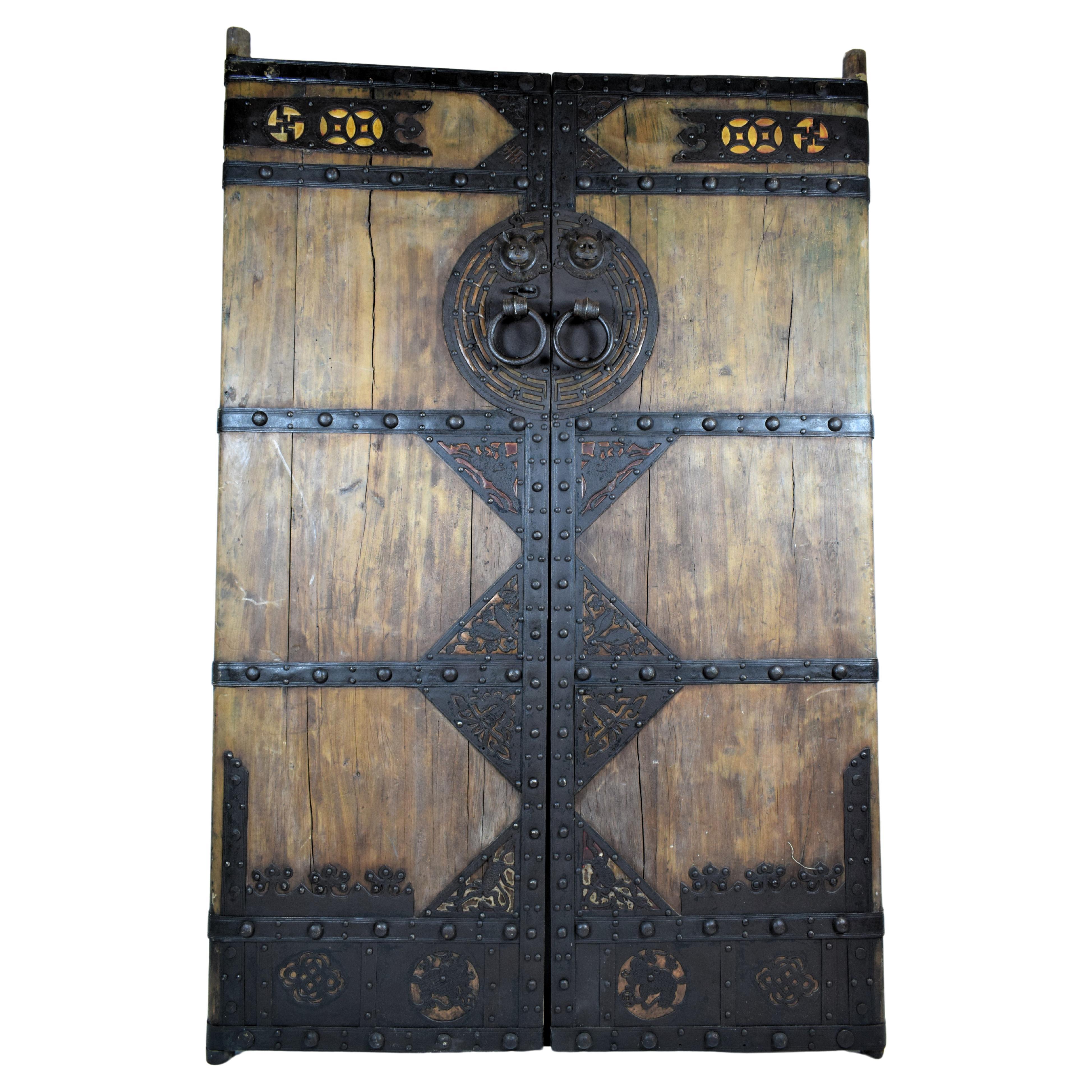 Pair of Chinese Palace Wooden Iron Bound Courtyard Doors,  Late Qing Period