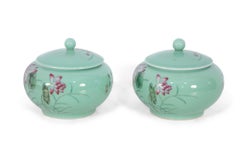 Pair of Chinese Pale Green and Pink Blossom Lidded Jars