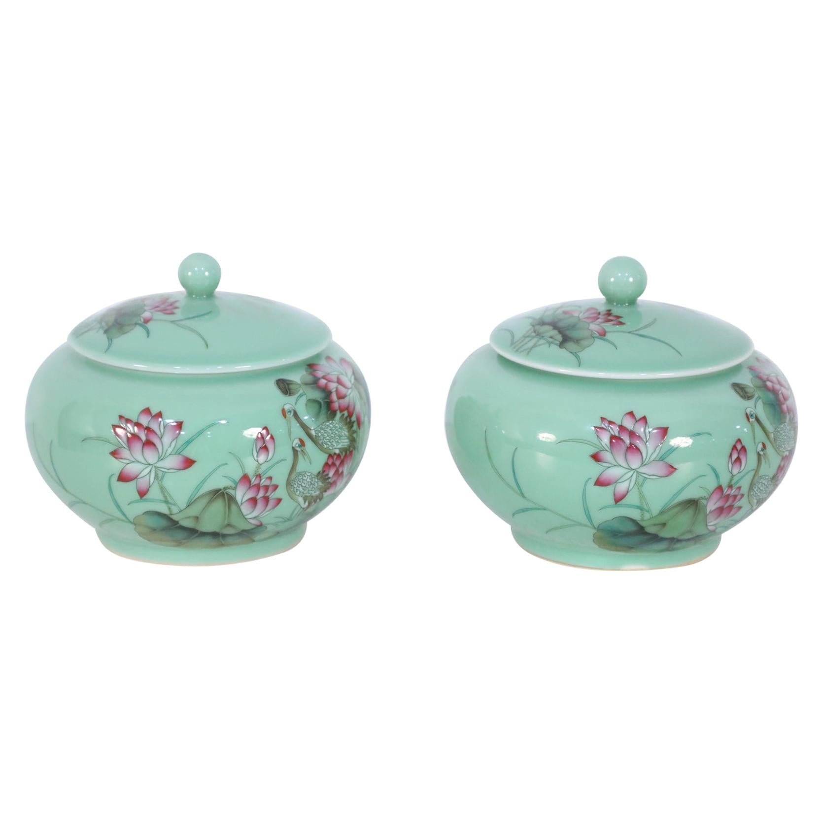 Pair of Chinese Pale Green and Pink Blossom Lidded Jars For Sale