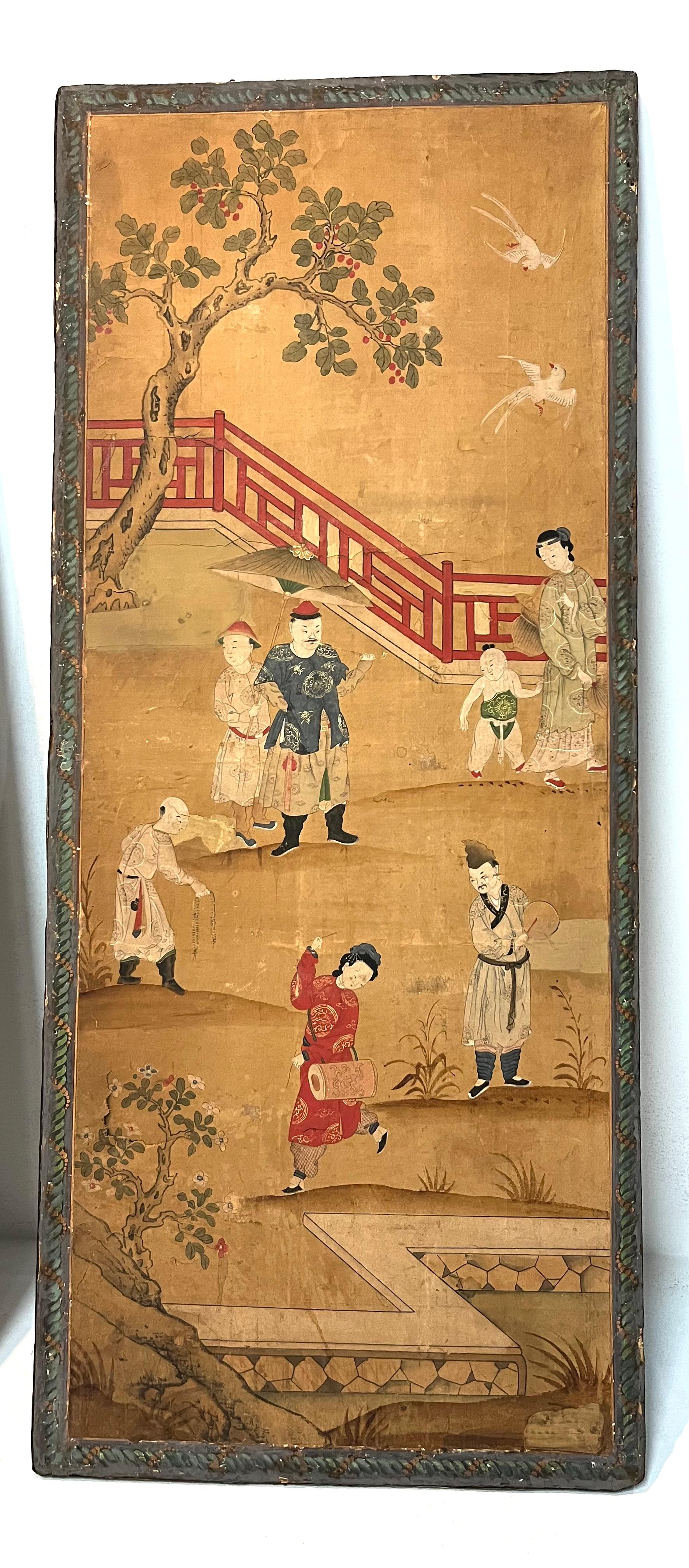 Animated scenes painted on paper.
The paper is stretched over a wooden frame , 
A fabric is stretch over the back of the painting on he wood frame.
Second part of 19th century.
Very good quality of art.
