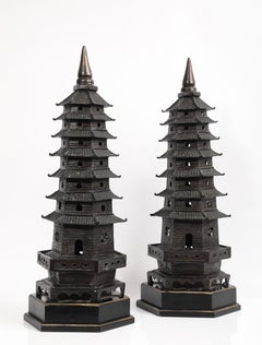 Pair of Chinese Patinated Bronze Architectural Pagoda Form Temple Towers