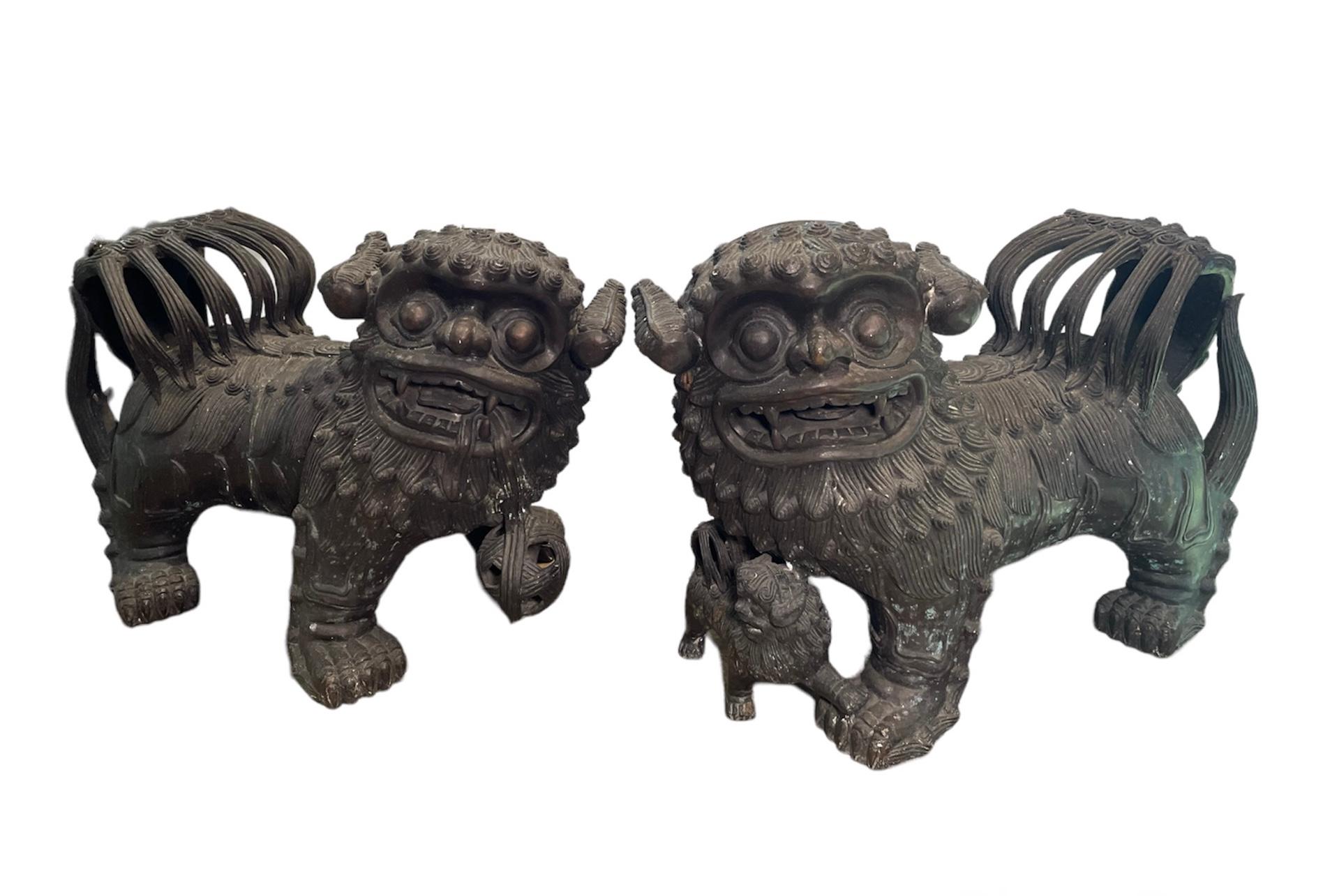 Pair Of Chinese Patinated Heavy Bronze Foo Dogs Sculptures 10