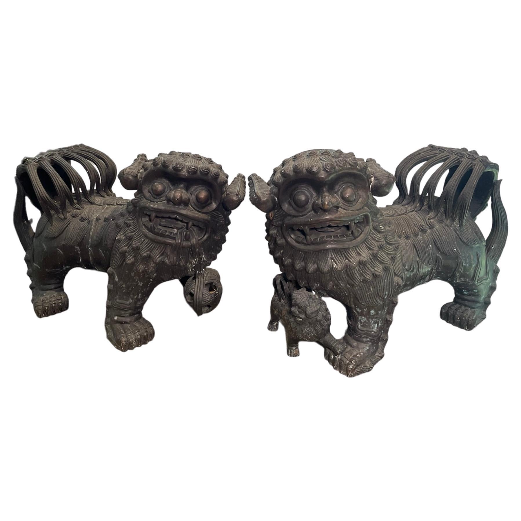 Pair Of Chinese Patinated Heavy Bronze Foo Dogs Sculptures