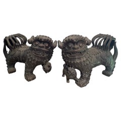Vintage Pair Of Chinese Patinated Heavy Bronze Foo Dogs Sculptures