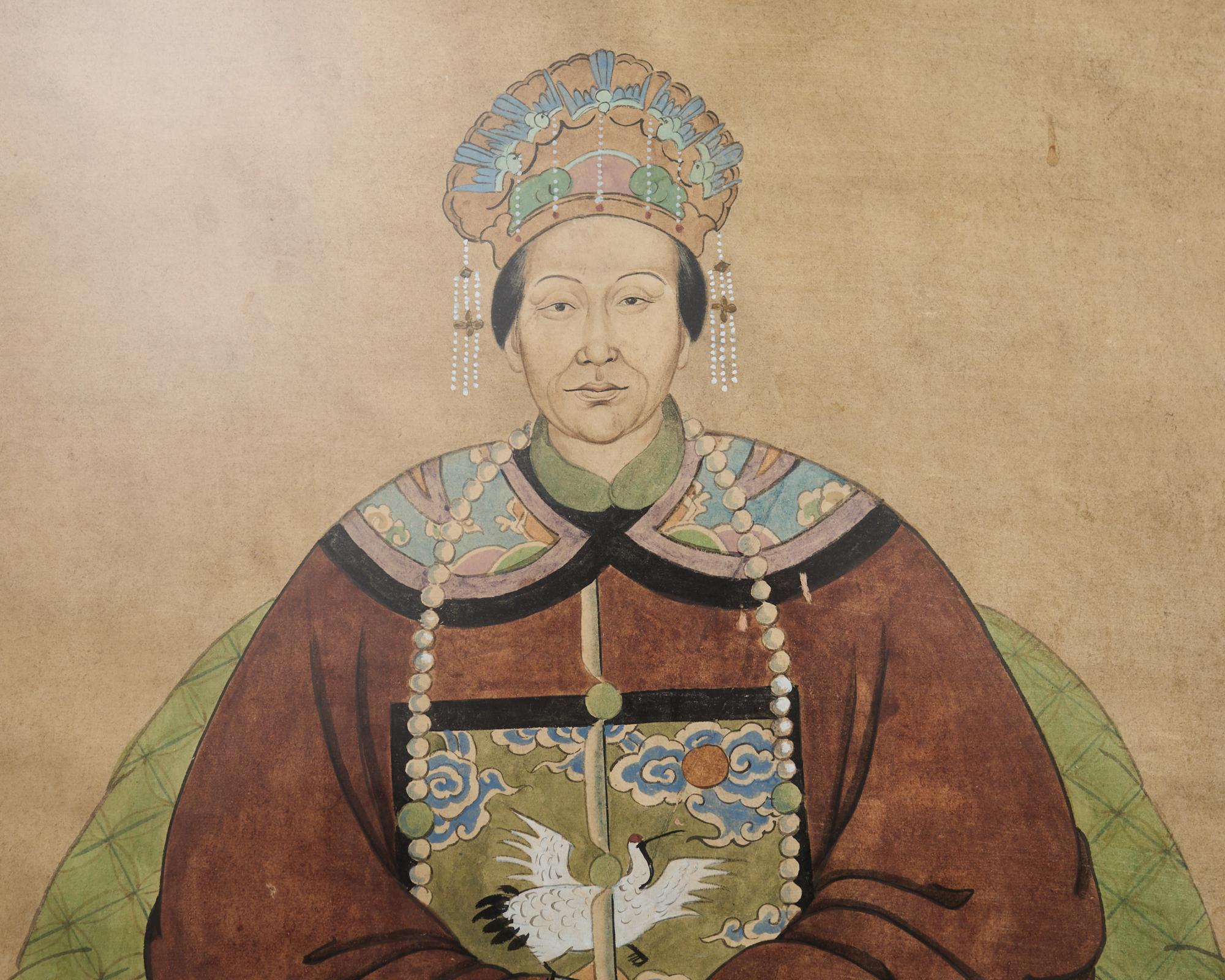 Pair of Chinese Patriarch Matriarch Ancestral Portraits For Sale 7