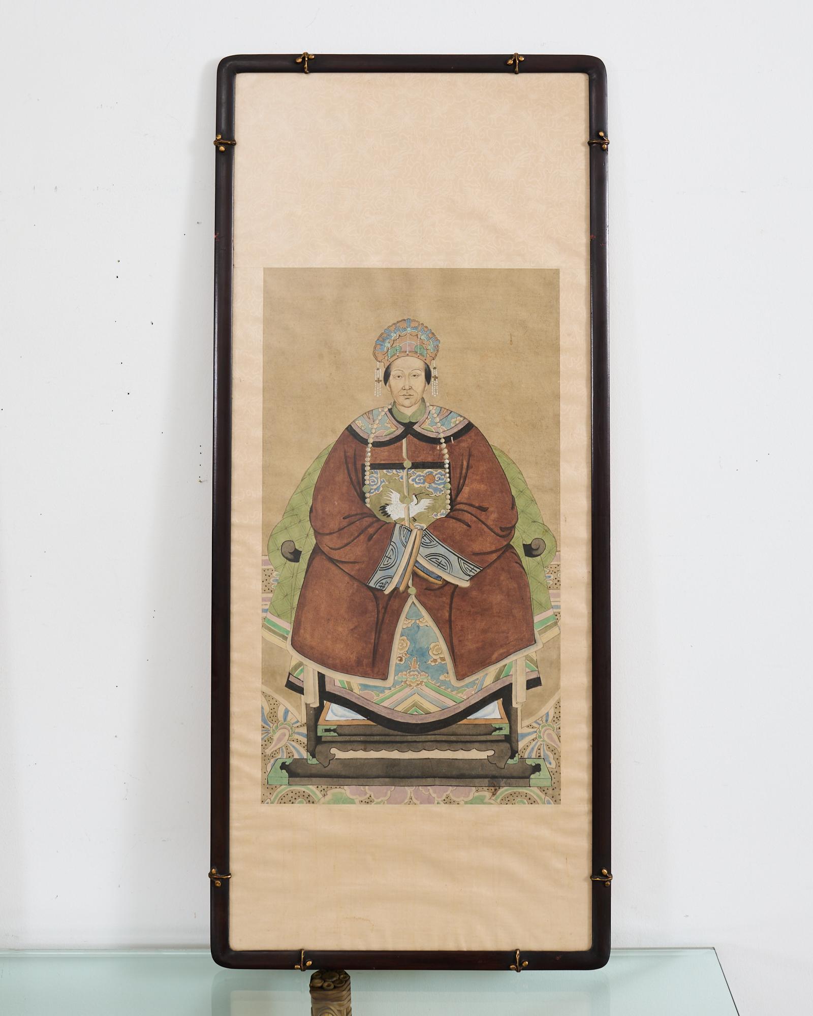 Hand-Crafted Pair of Chinese Patriarch Matriarch Ancestral Portraits For Sale