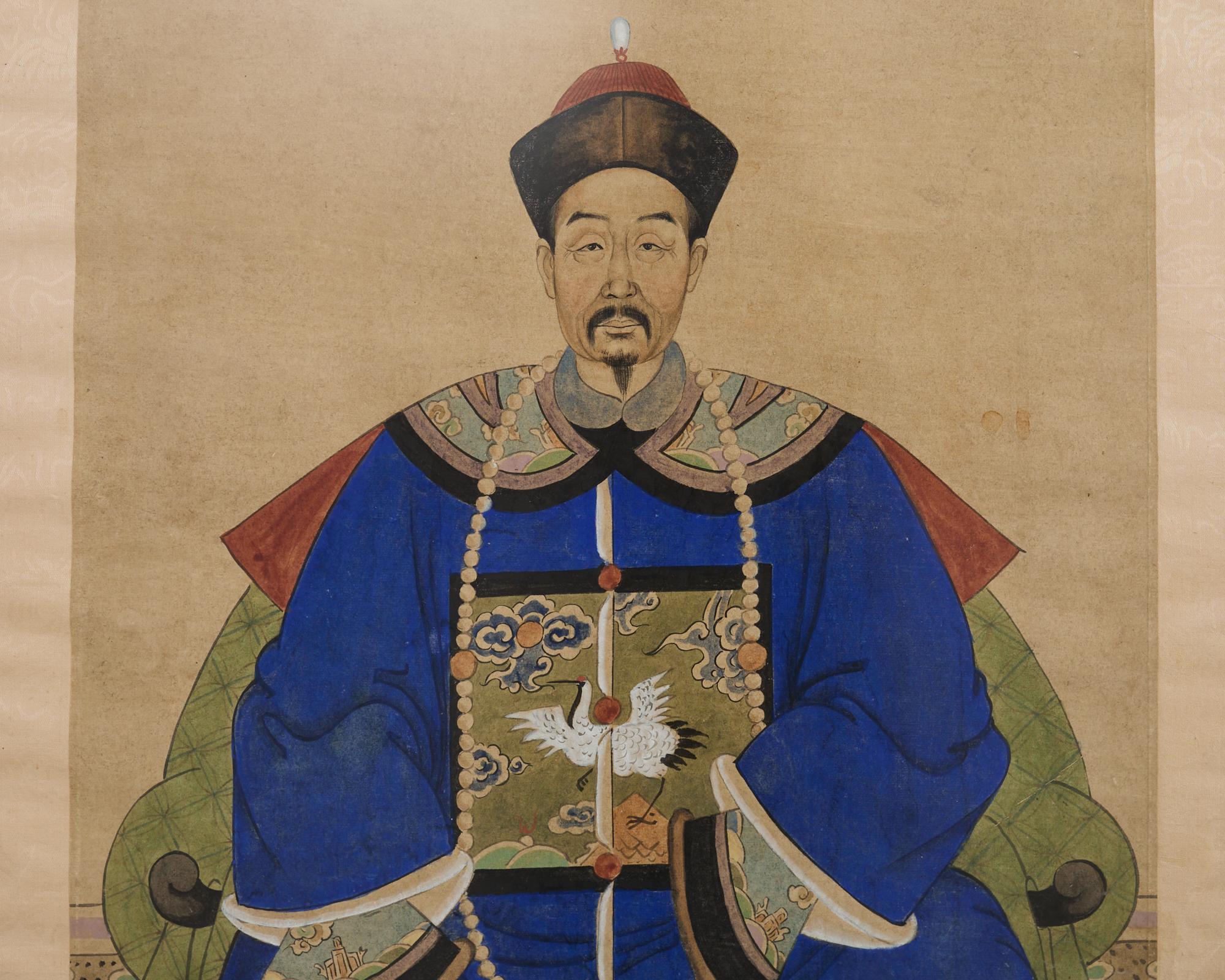 Silk Pair of Chinese Patriarch Matriarch Ancestral Portraits For Sale