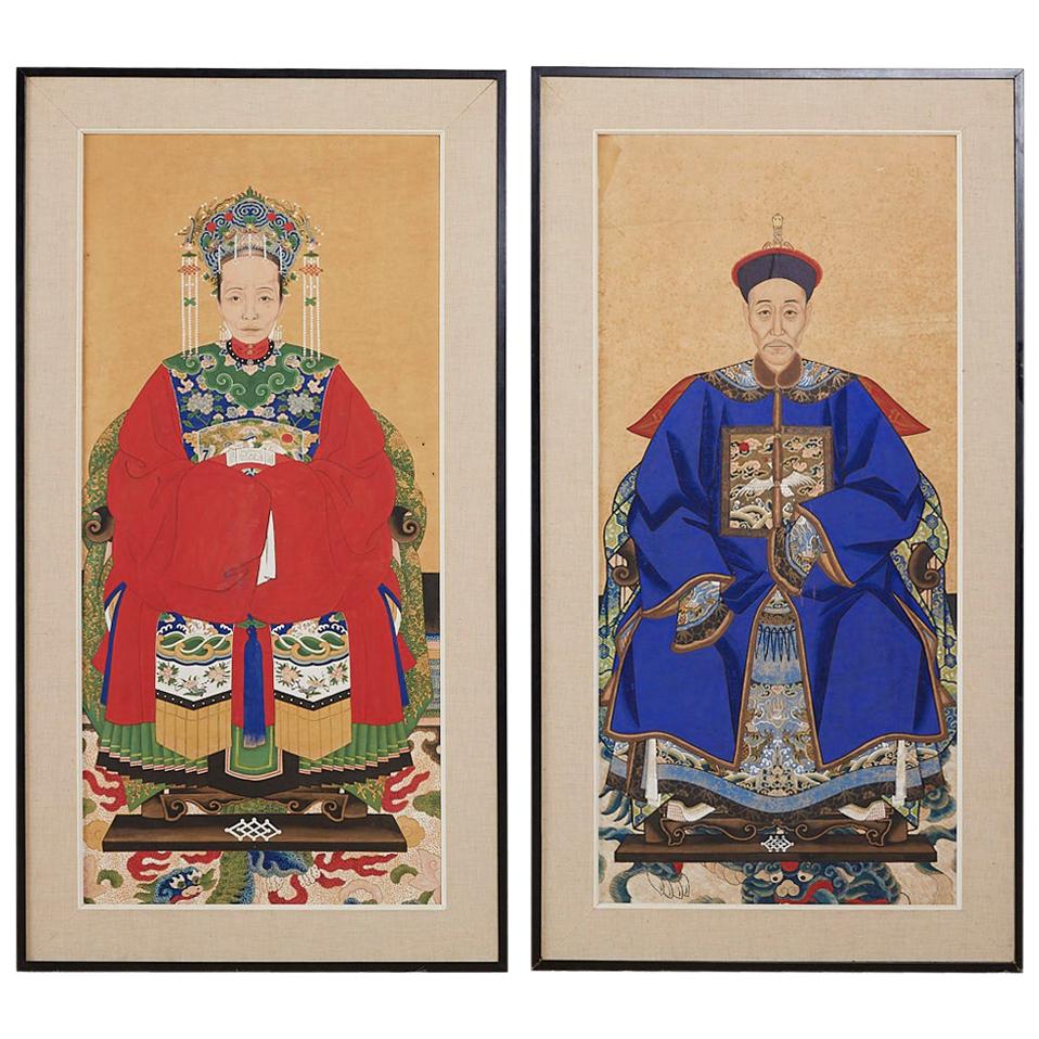 Pair of Chinese Patriarch Matriarch Ancestral Portraits