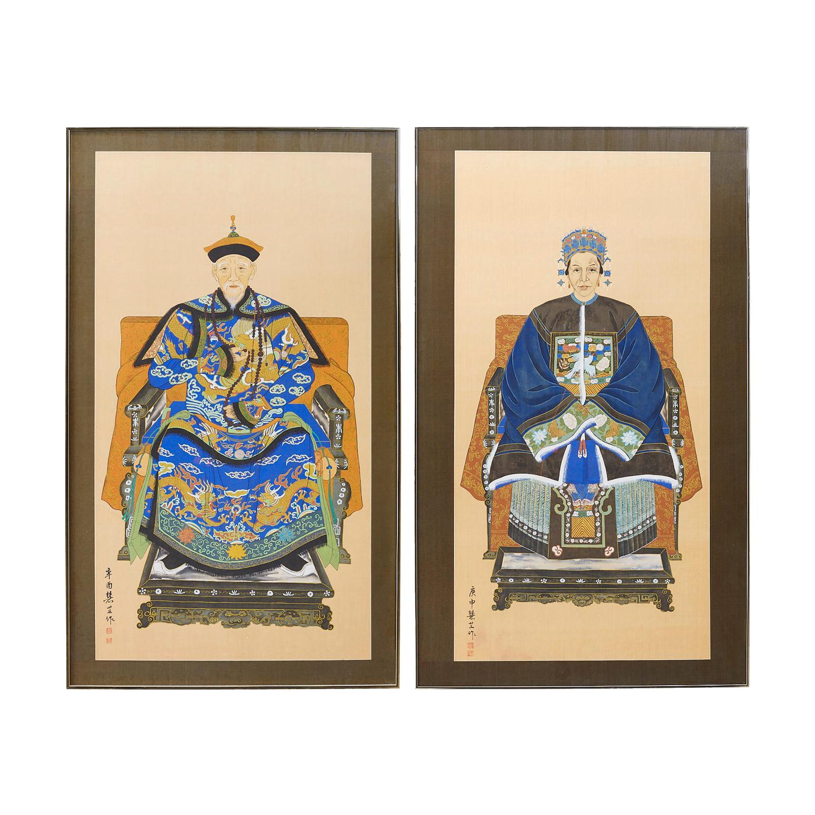 Pair of Chinese Patriarch Matriarch Silk Ancestral Portraits