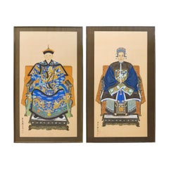 Vintage Pair of Chinese Patriarch Matriarch Silk Ancestral Portraits