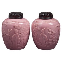 Antique Pair of Chinese Peking Glass Covered Jars, circa 1800