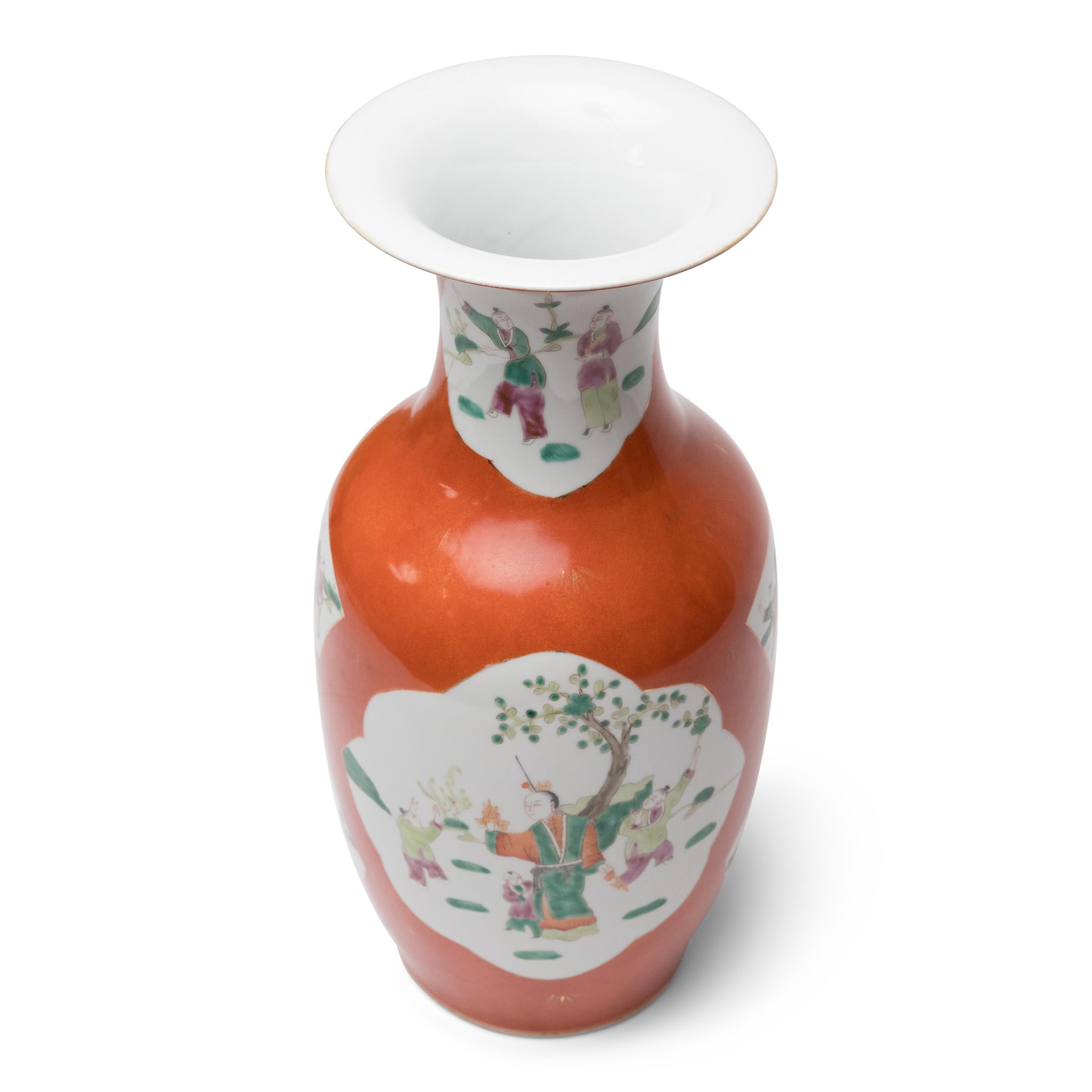Enameled Pair of Chinese Persimmon Fantail Vases with Children at Play, c. 1920 For Sale