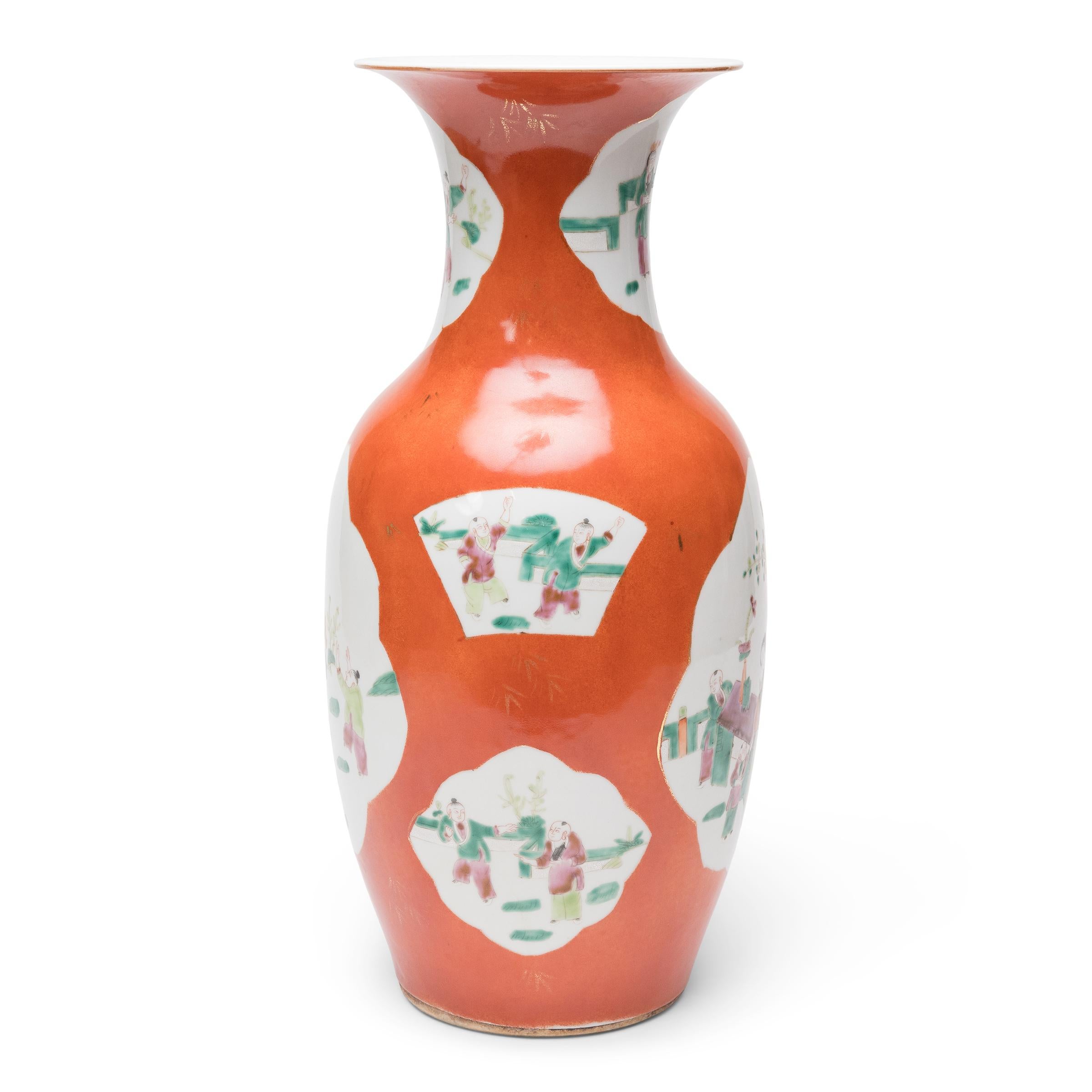 Porcelain Pair of Chinese Persimmon Fantail Vases with Children at Play, c. 1920 For Sale
