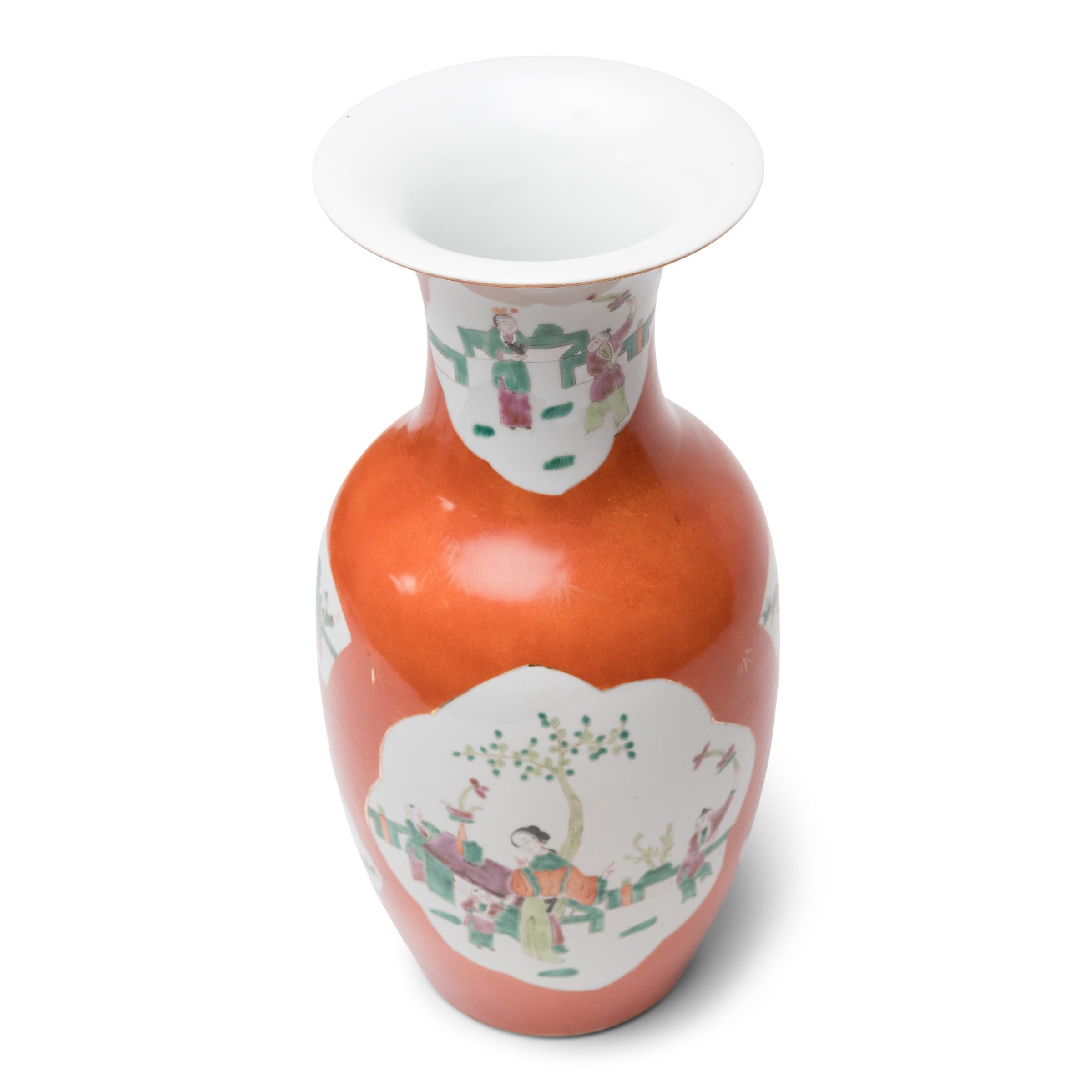 Pair of Chinese Persimmon Fantail Vases with Children at Play, c. 1920 For Sale 1