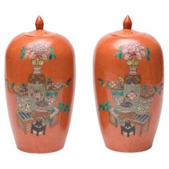 Pair of Chinese Persimmon Ginger Jars with Hundred Treasures Enamel, c. 1910