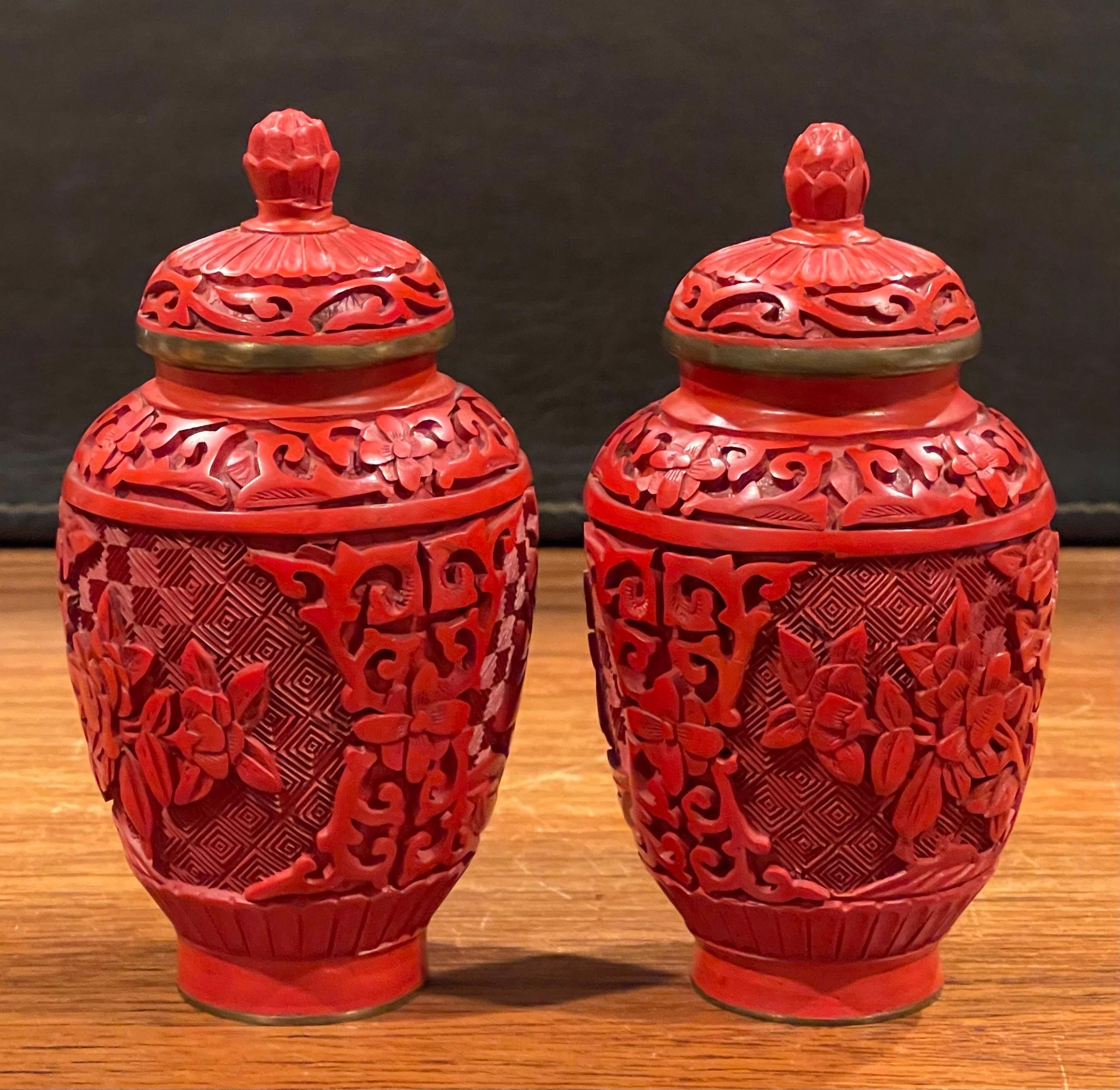 Pair of Chinese Petite Mirror Image Cinnabar Lacquered Temple Jars 6