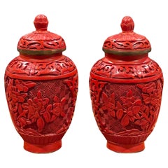 Pair of Chinese Petite Mirror Image Cinnabar Lacquered Temple Jars