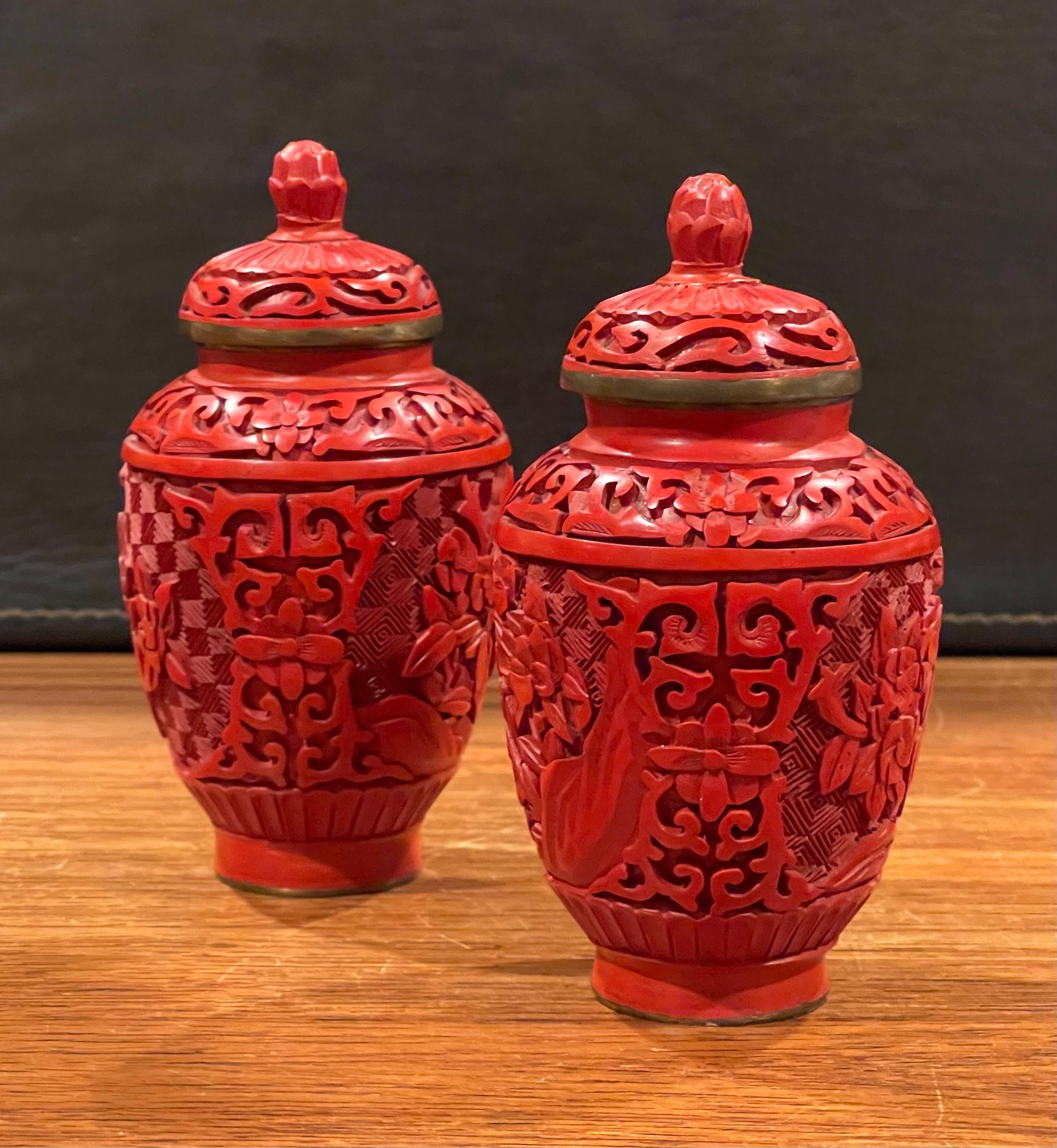20th Century Pair of Chinese Petite Mirror Image Cinnabar Lacquered Temple Jars