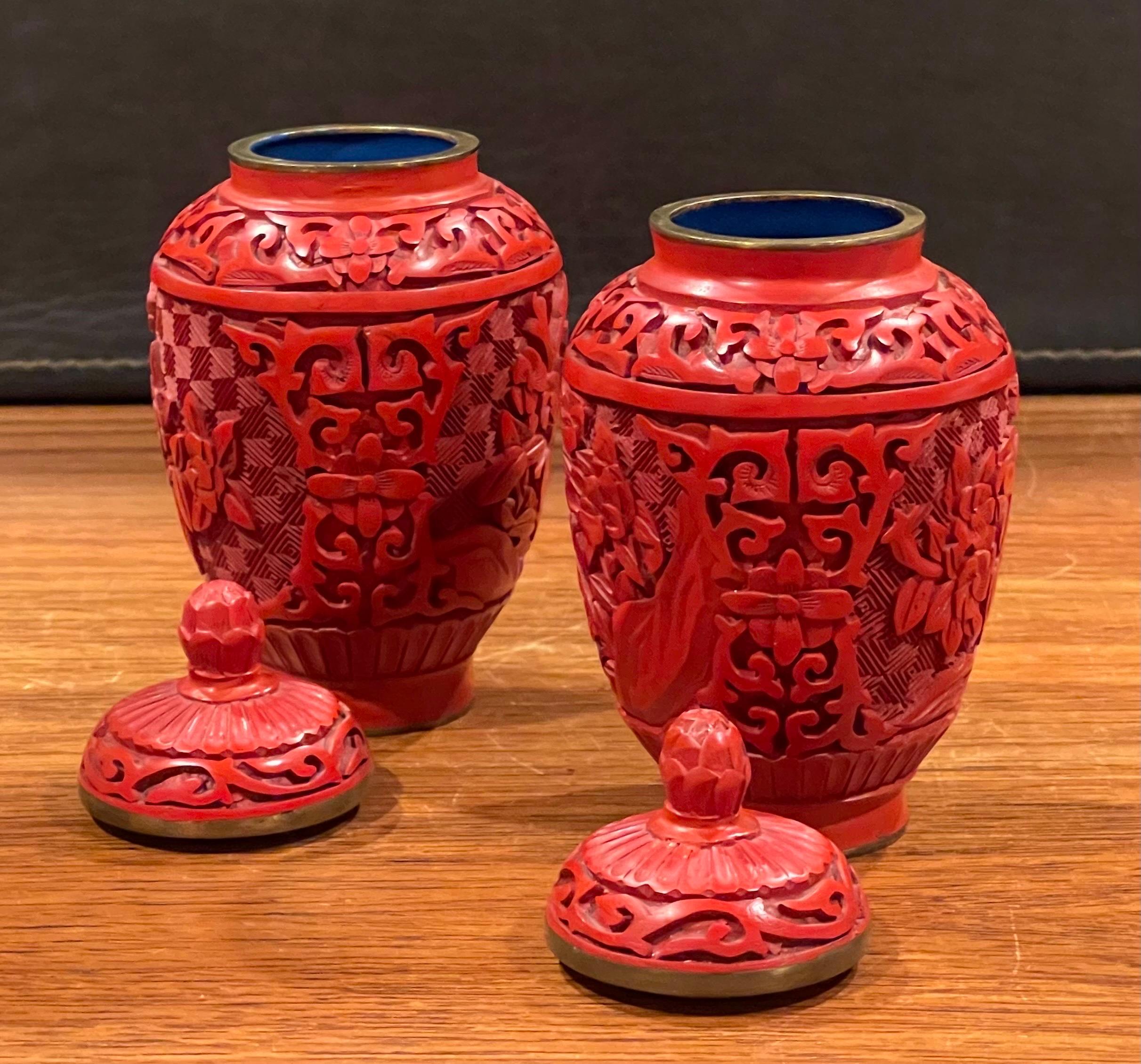 Mercury Glass Pair of Chinese Petite Mirror Image Cinnabar Lacquered Temple Jars